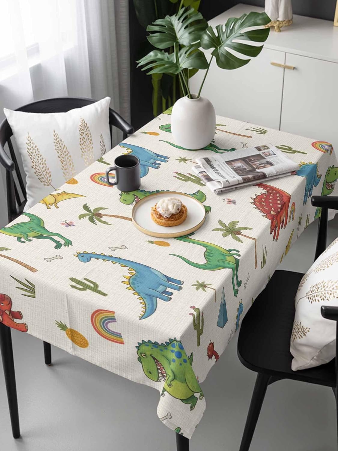 Children's Day Waterproof Table Cloth Cartoon Green Blue Dinosaur Cactu Rainbow Linen Texture Waterproof & Wrinkle Table Cover, Washable Polyester Soft Fabric Table Cloth for Outdoor Indoor Parties