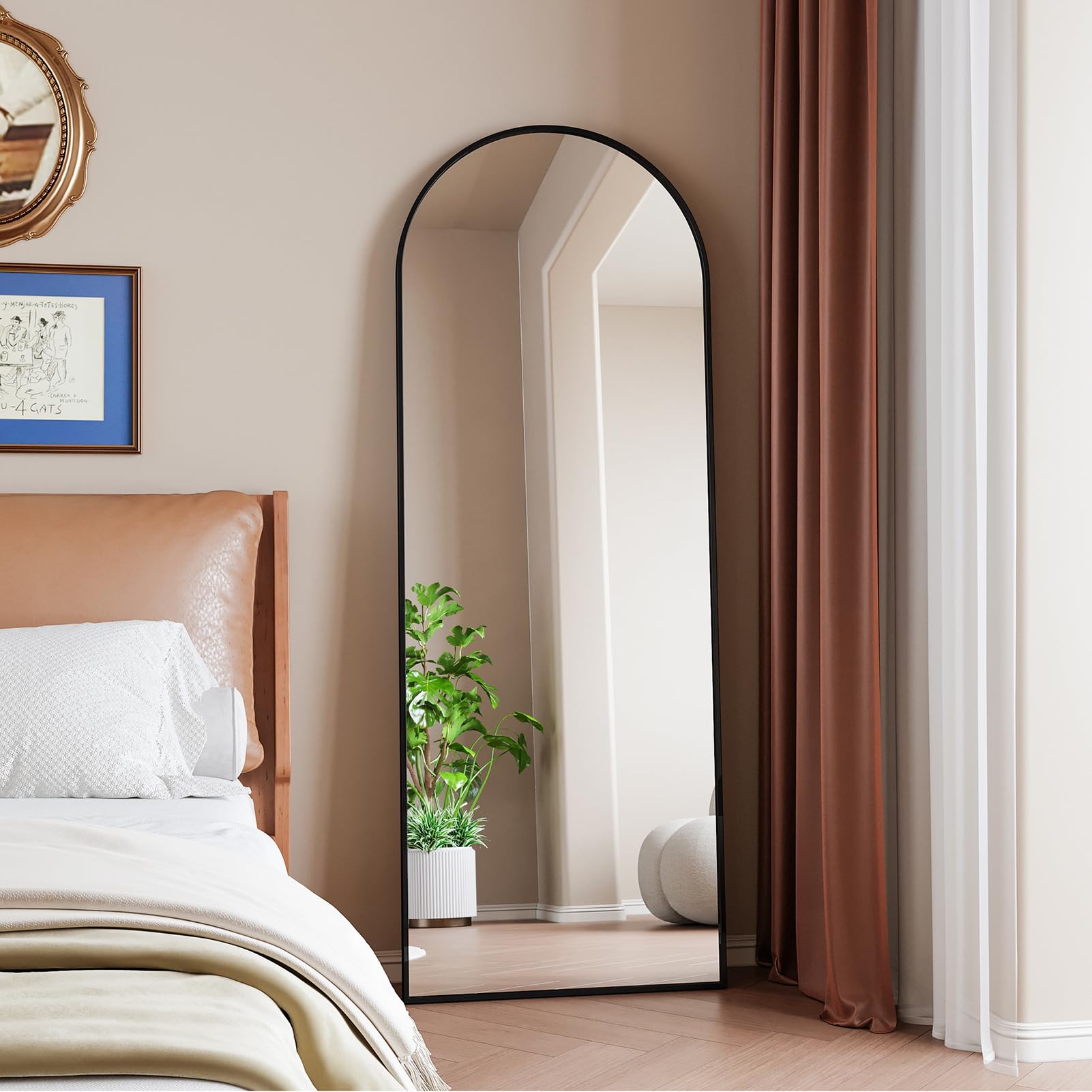 Miroir sur Pied 162x53 cm Grand Miroir Arqué Aluminium Noir Cadre Pleine Longueur
