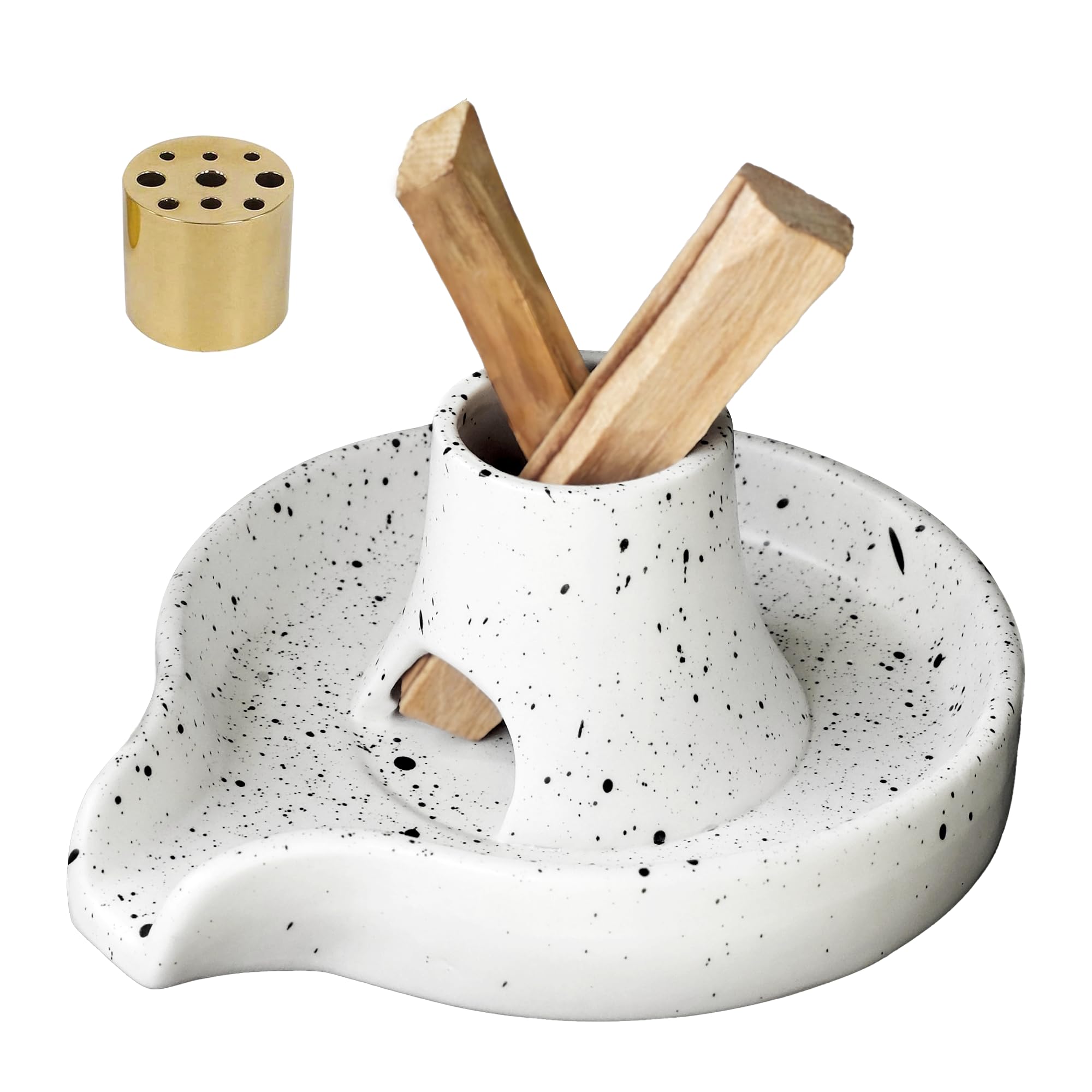 Porta Incenso In Ceramica Mino-Yaki 3 In 1 - Ciotola Con Supporti In Ottone Rimovibili Per Bastoncini, Palo Santo E Salvia Bianca - Colore Blu, Trama Ghiaccio, Fatto A Mano