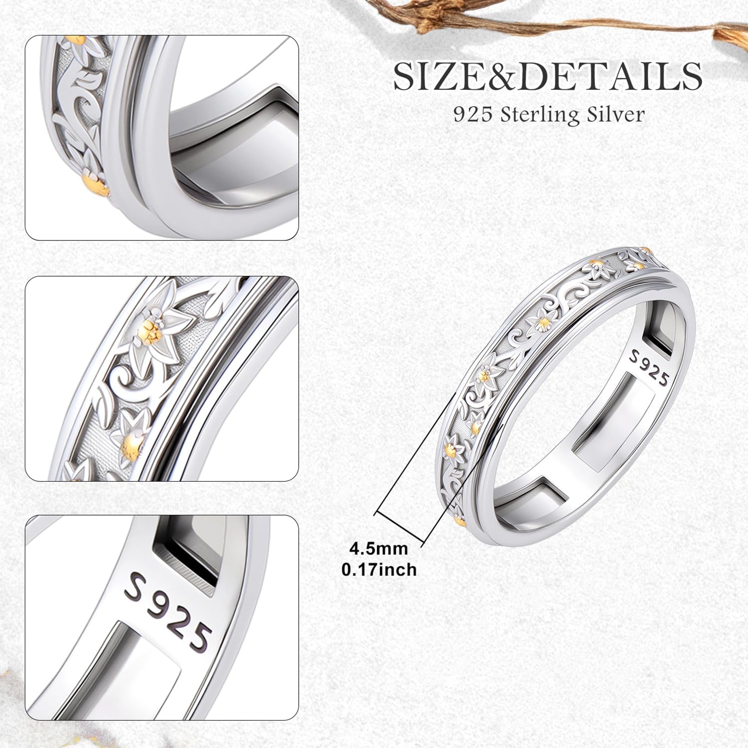 Sunflower Spinner Ring for Women 925 Sterling Silver Anxiety Rotatable Sunflower Ring for Gifts