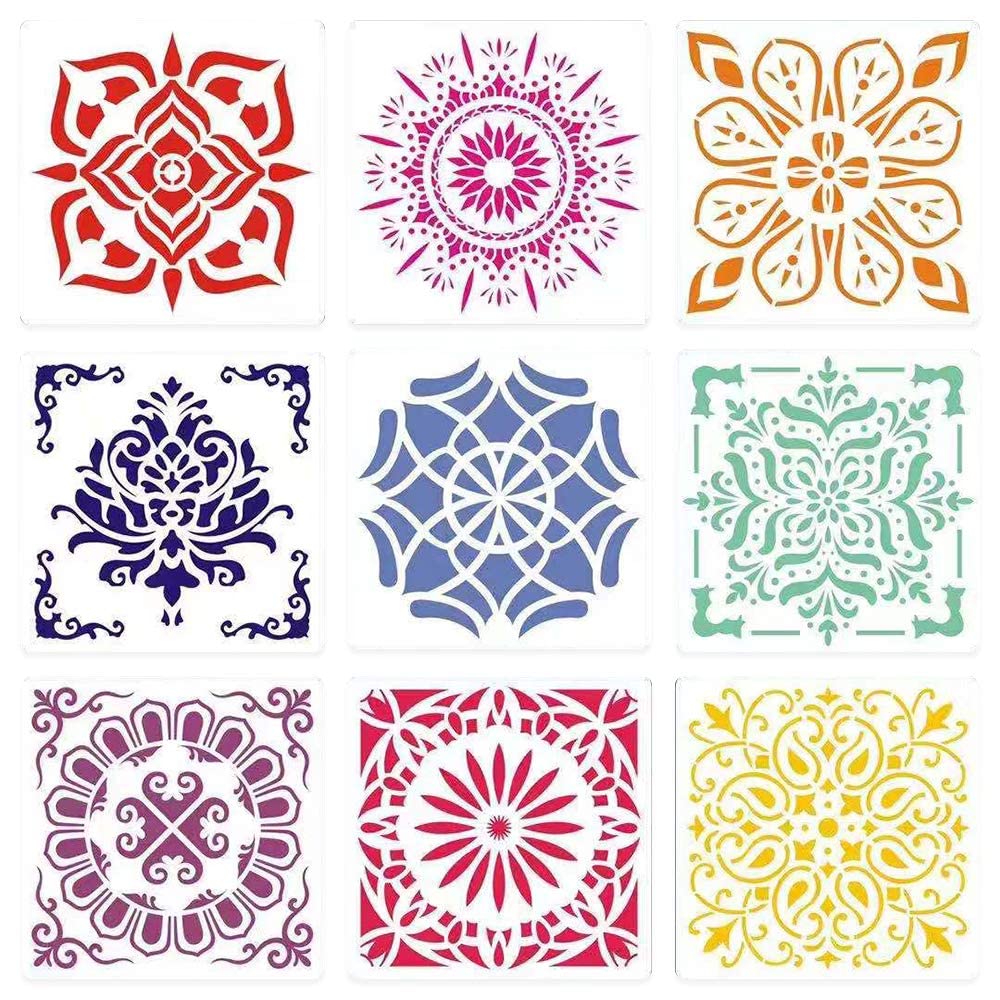 Ivana's Painting-Stencils,Sosanping Drawing-Mandala-Template Reusable-Laser-Cut-Painting-Stencil for DIY-Decor, Wood, Airbrush, Rocks,Floor and Walls Art 6x6 inch(9 Pack)