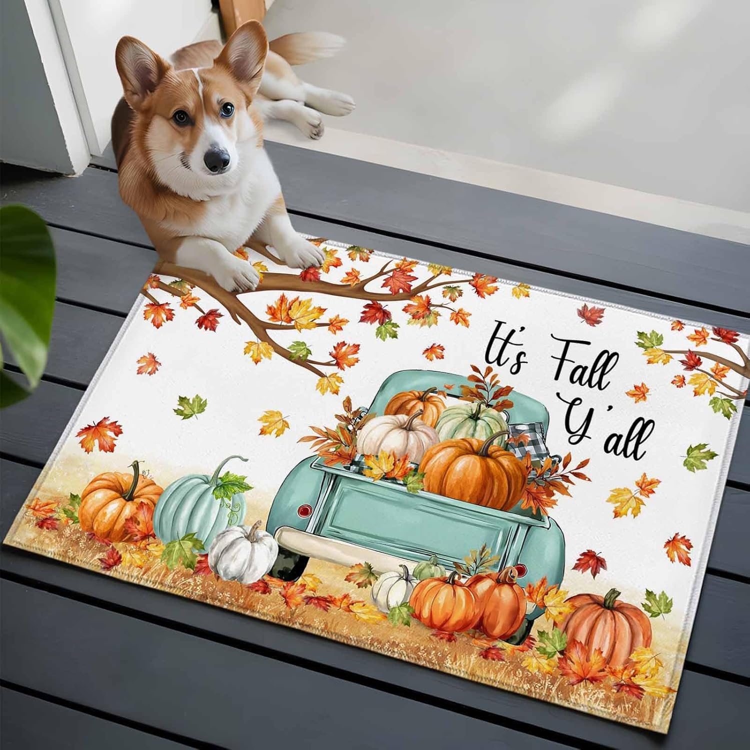 Thanksgiving Entryway Area Rug 2'x3', Farmhouse Fall Truck Maple Leaf Pumpkin Indoor Door Mat Non Slip Kitchen Rug Runner, Washable Small Floor Mat Carpet for Bathroom