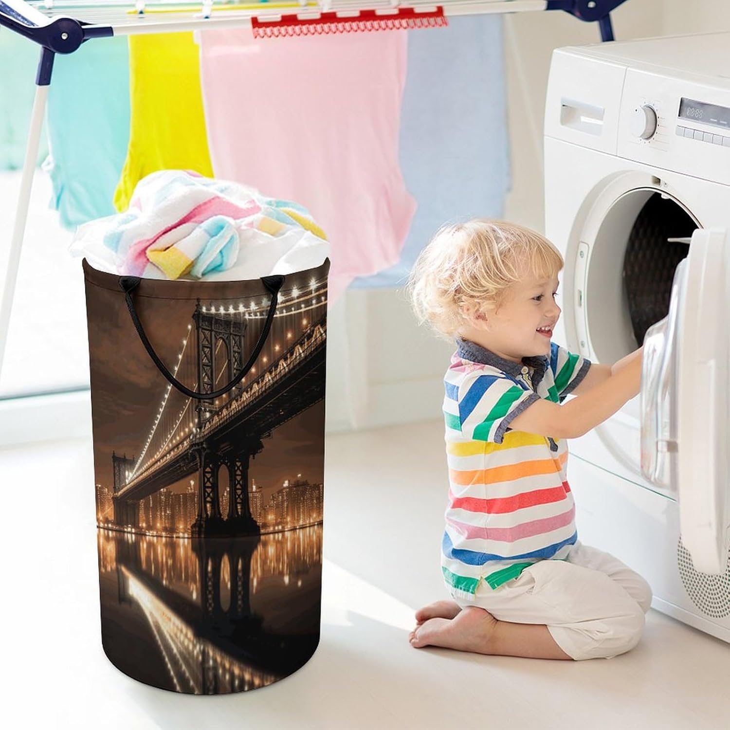 Laundry Basket Hamper New York Manhattan Bridge Night Waterproof Dirty Clothes Hamper Collapsible Washing Bin Clothes Bag with Handles Freestanding Laundry Hamper for Bathroom Bedroom Dorm Travel