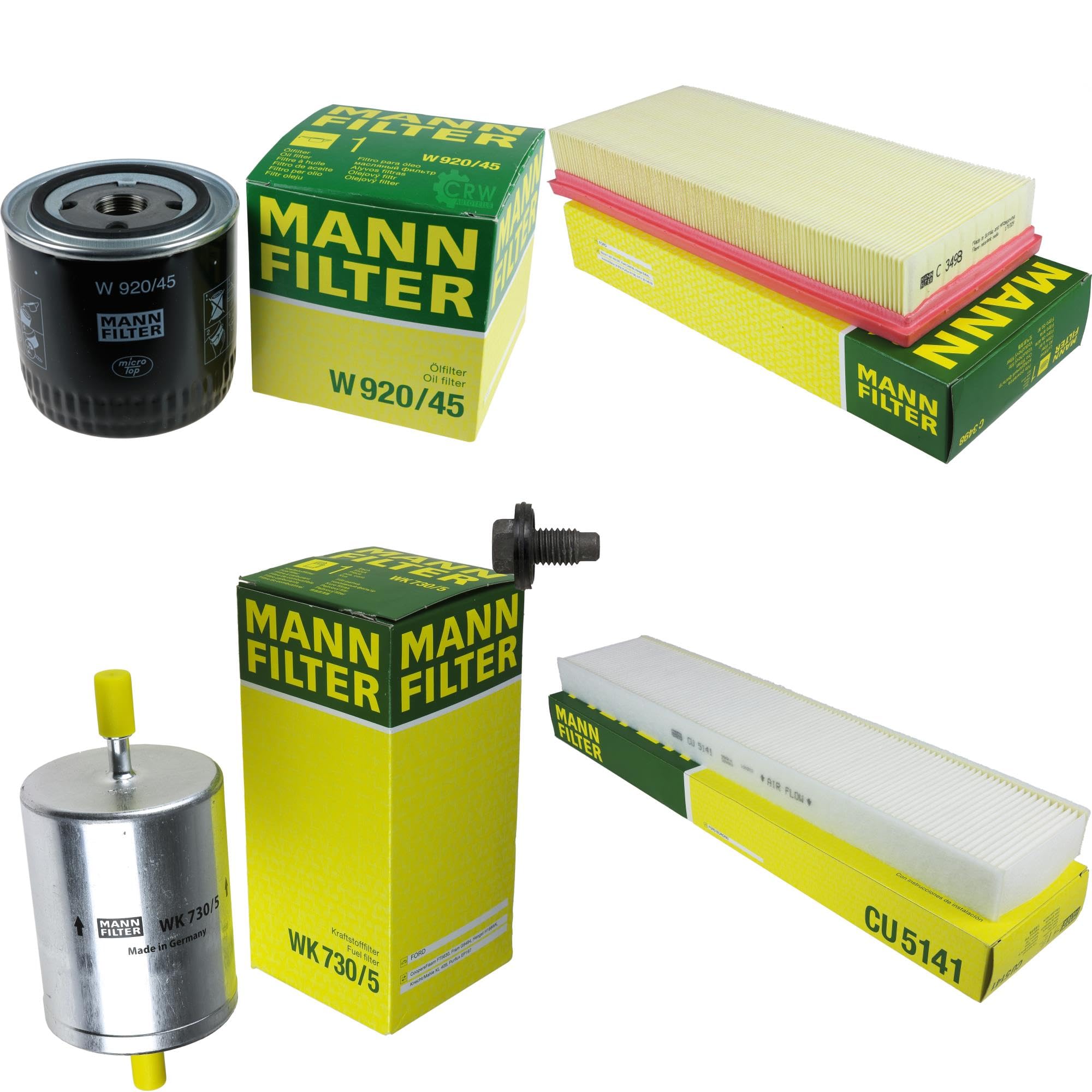 Paquete de inspección Kit de mantenimiento de filtros con filtro de aceite W 920/45, filtro de aire C 3498, filtro de combustible WK 730/5, filtro de habitáculo CU 5141, tornillo de cierre
