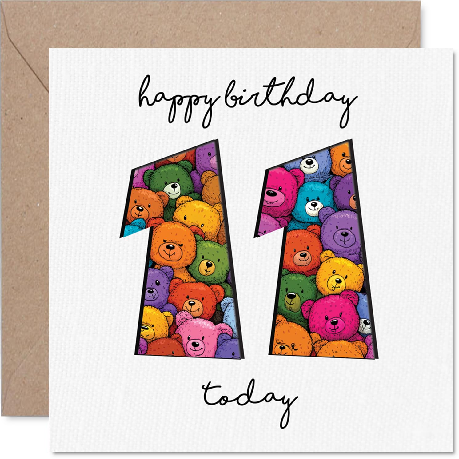 Playful 11th Birthday Card - Bursting with Birthday Cheer - Colourful Teddy Bears Form a Bright Number Eleven - Playful Design to Mark the Big 1-1 - 145mm Square, Envelope Included