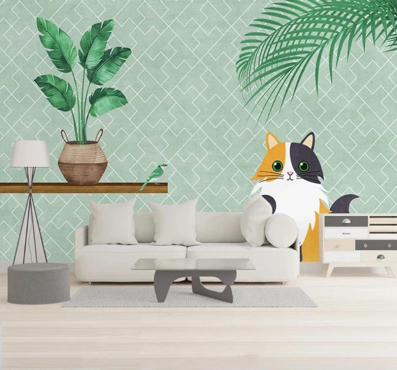 Xlming 430Cm×300Cm(B×H) Fresh Green Leaves Kitten Geometric Grid 3D Wallpaper Luxury Home Dining Decor Paste Sofa Living Room The Wall For Bedroom Mural-430Cm×300Cm