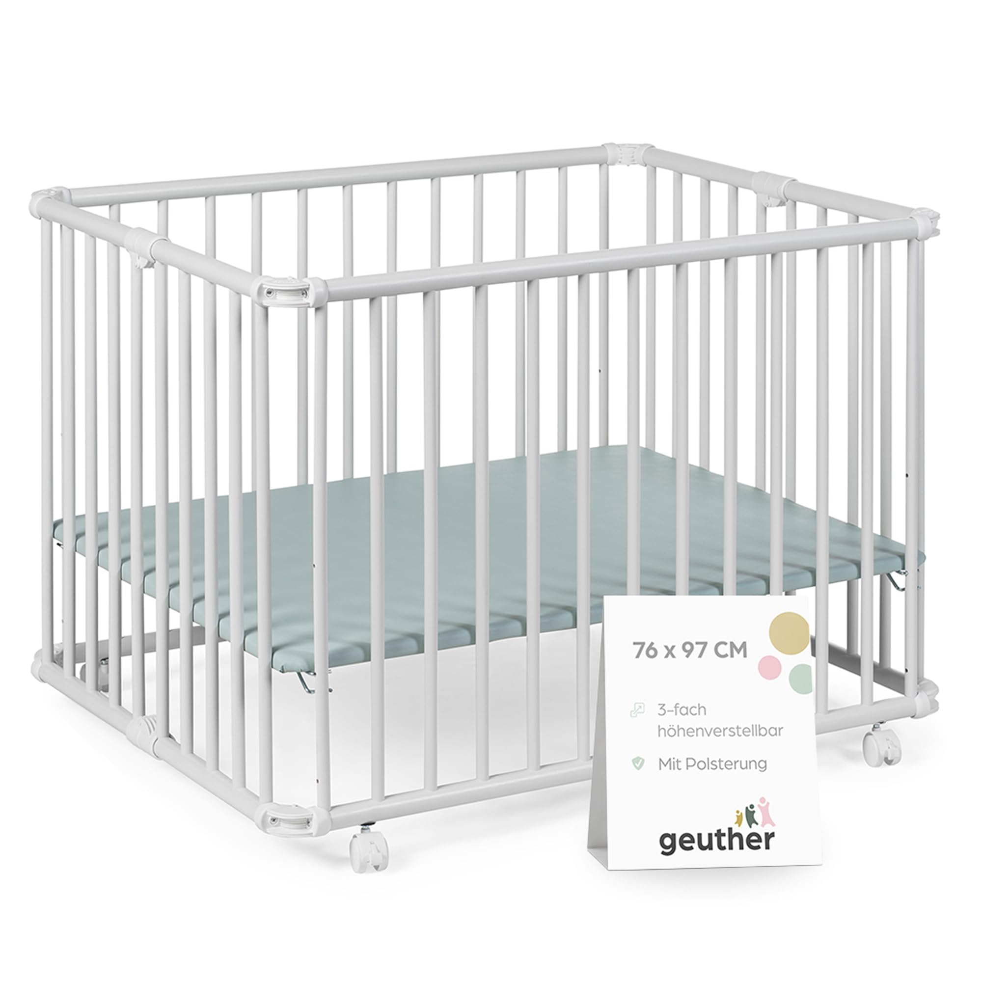 Geuther Laufgitter Lucilee 76x97 cm I höhenverstellbar I werkzeuglos montiert I gepolsteter Baby-Laufstall aus Holz I Weiß I Mobil, klappbar I TÜV geprüft I zusammenfaltbar I Made in Germany