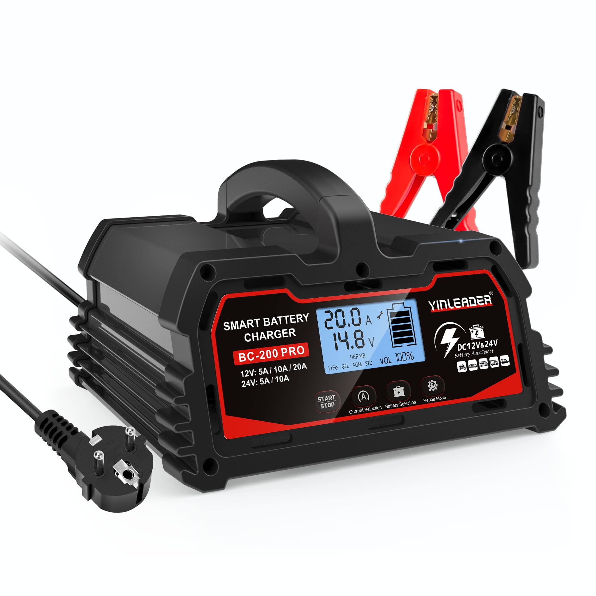 Caricabatterie Intelligente 15A Per Auto E Moto, 12V/24V Completo Con Mantenitore, Compatibile AGM/GEL