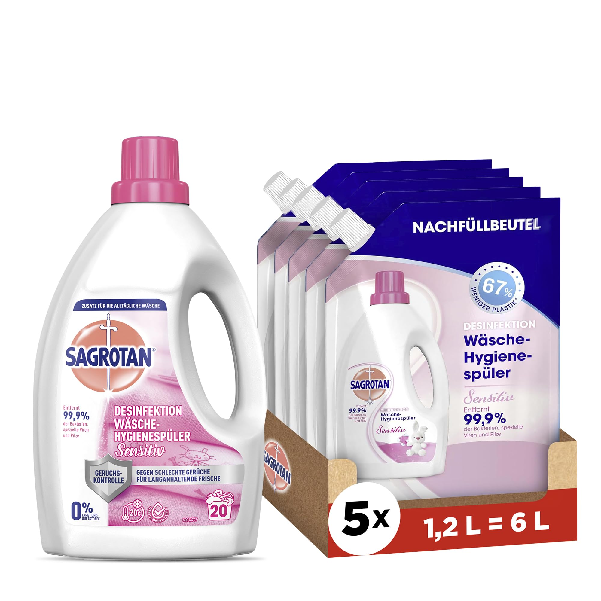 Sagrotan Wäsche-Hygienespüler Sensitiv Waschmittel-Zusatz - 1,5l & Sagrotan Wäsche-Hygienespüler Sensitiv Nachfüller 5 x 1,2l