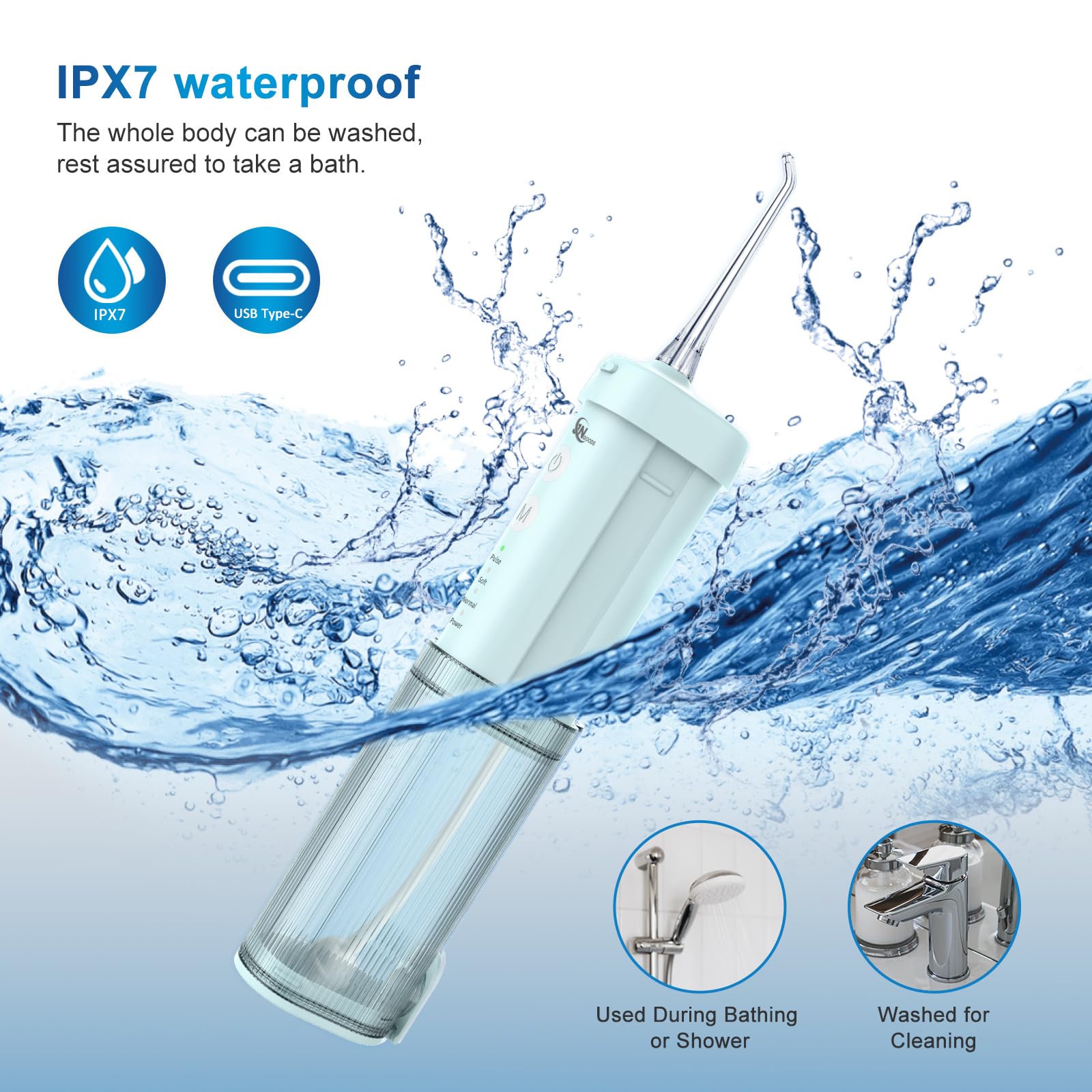 JNGOODS Mini idropulsore portatile per irrigazione orale, per la pulizia dei denti, serbatoio dell'acqua telescopico, 4 modalità e impermeabilità IPX7, per la casa e i viaggi, per la cura dei denti