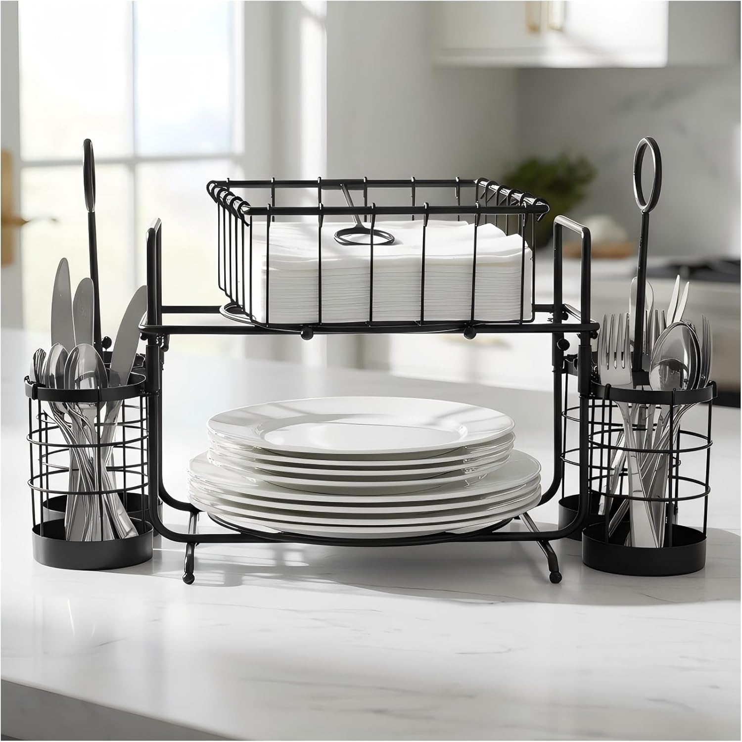 Metal Buffet Caddy Tabletop Organizer, Flatware Napkin and Plate Picnic Caddy Stackable Serving Set for Kitchen, Picnic, Camping, Party,Dining, Entertaining, Parties,Thanksgiving