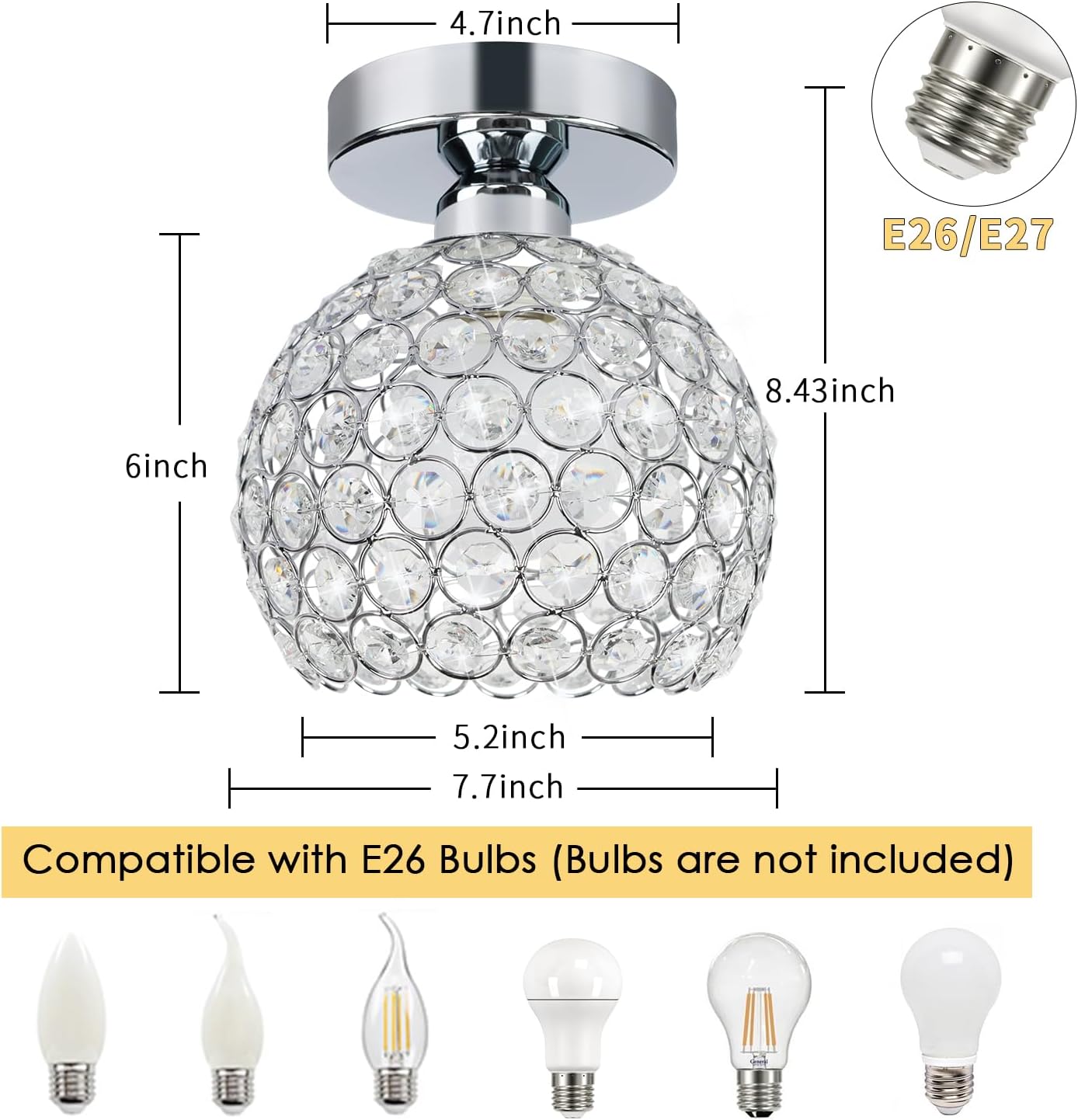 TISLYCO Small Chandelier for Hallway, Modern Semi Flush Mount Light Fixture Silver Crystal Chandelier, Ceiling Light Fixture for Foyer Closet Entryway Kitchen Bedroom Dining Room