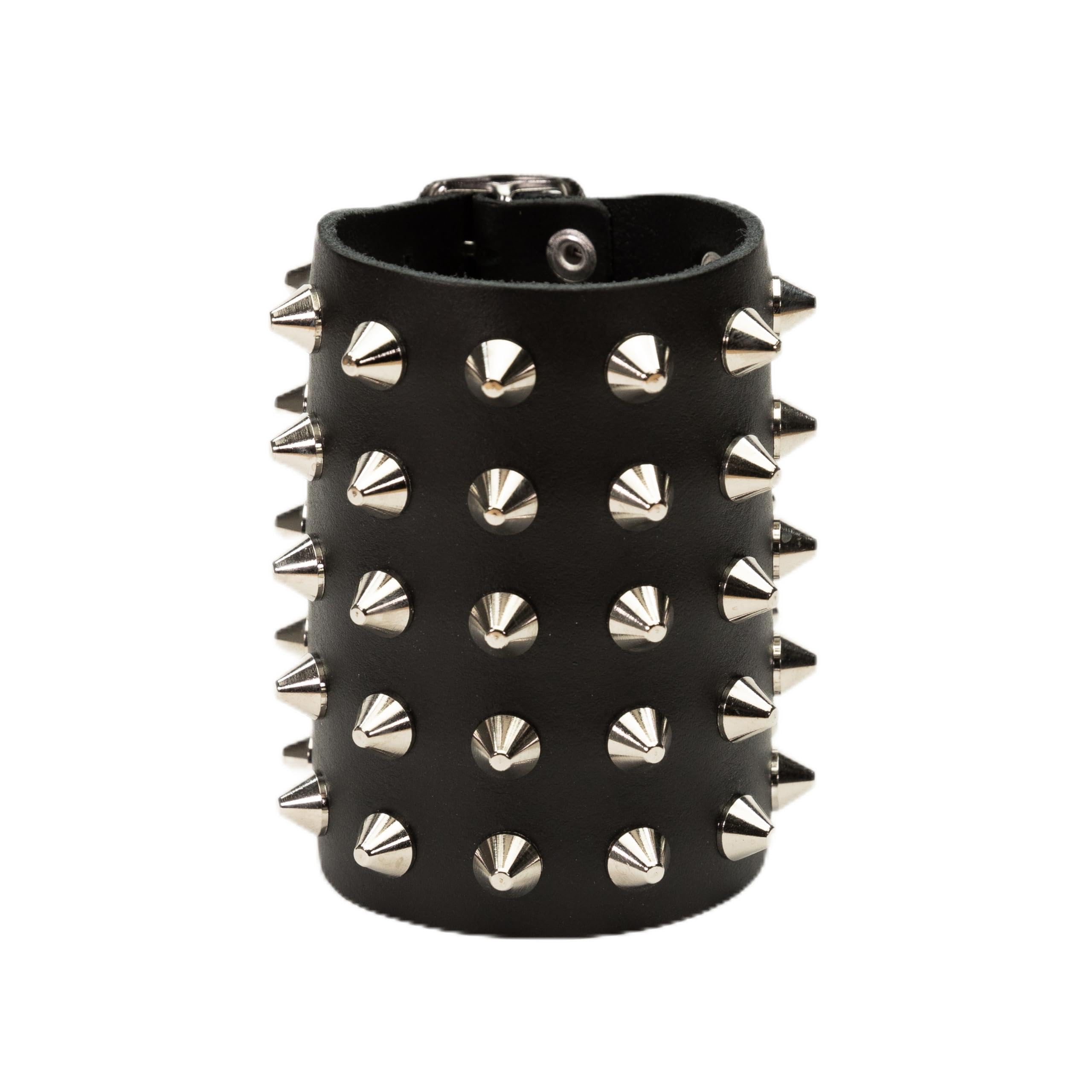 Heart Rock Pulsera de hombre de piel auténtica ajustable con tachuelas de cono, hebilla ajustable de 17 a 20,5 cm y piezas de acero sin níquel, fabricada en Italia