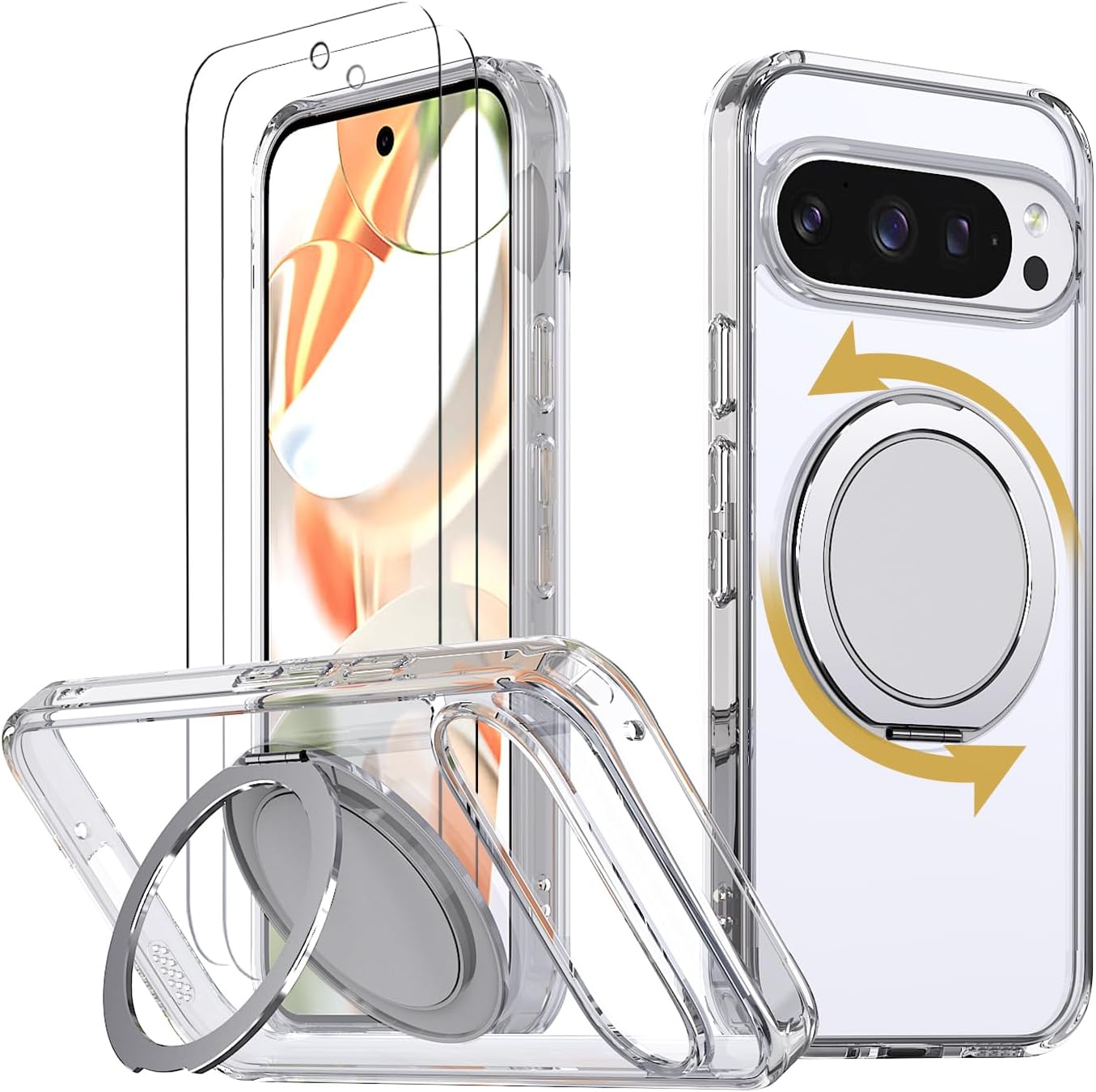 Strong Magnetic for Google Pixel 10 / 10Pro Case with 360° Rotatable Stand [with 2 Tempered Glass Film] [Compatible with Magsafe] Military-Grade Drop Protection Case, Clear