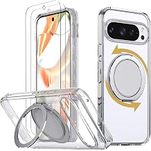 Strong Magnetic for Google Pixel 9 / 9Pro Case with 360 Rotatable Stand [with 2 Tempered Glass Film] [Compatible with Magsafe] Military-Grade Drop Protection Case, Clear