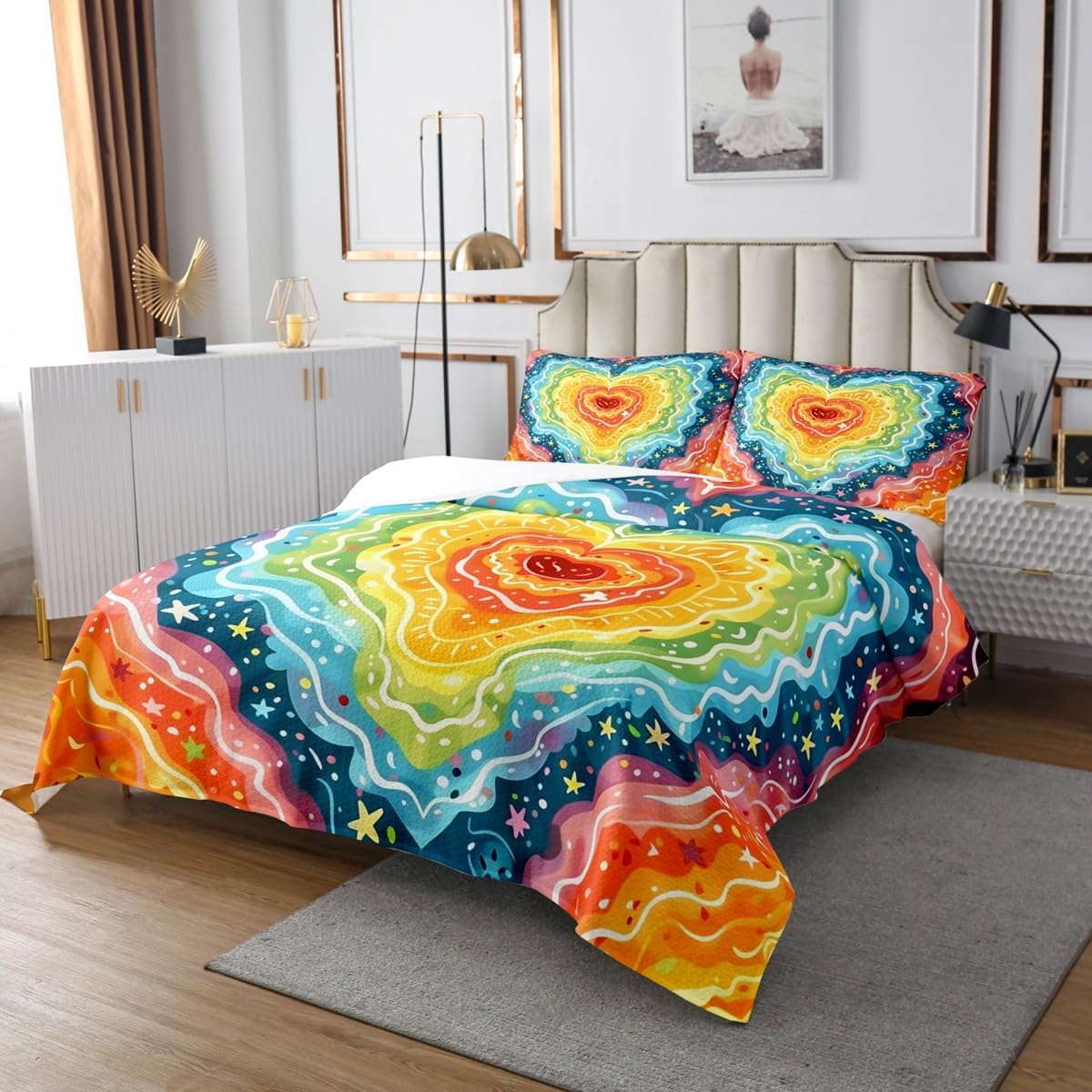 Rainbow Bedspread Twin Size,Stars and Love Pattern Bedding Set 2Pcs for Kids Girls Boys Woman Room Decor,Dreamy Starry Sky Galaxy Comforter Set Kawaii Watercolor Coverlet Quilt,1 Pillowcase