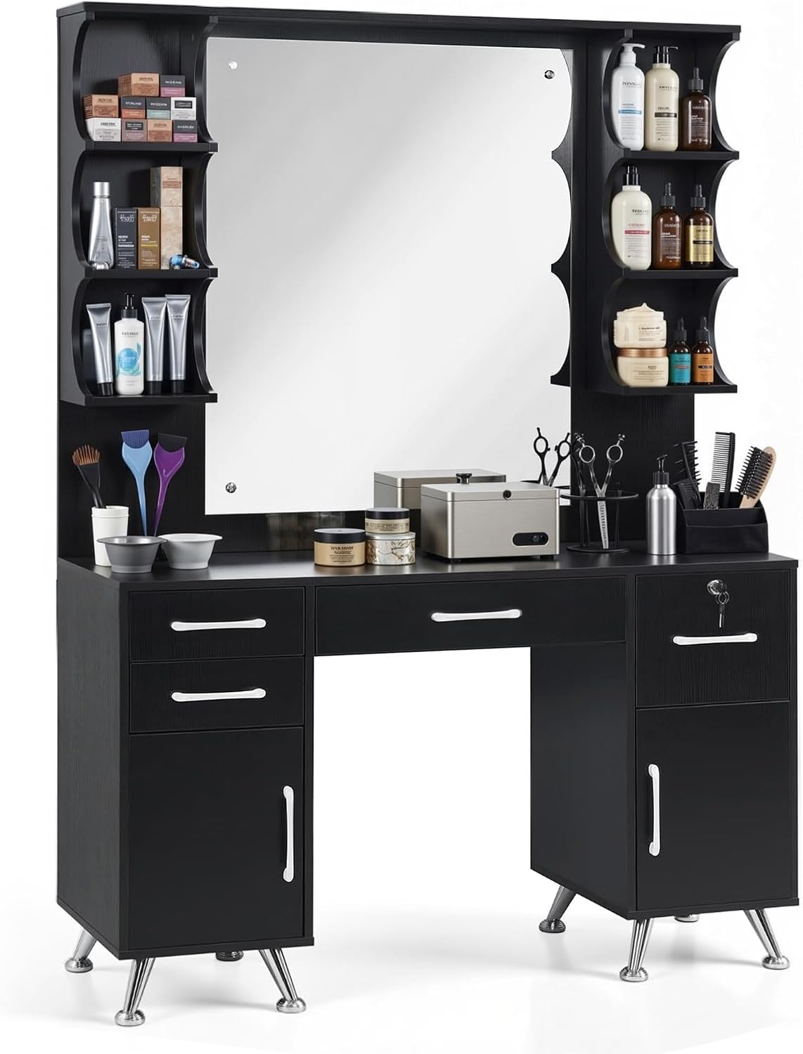 BarberPub Vanity Set with Mirror, Styling Barber Station 3143 (Black)