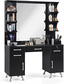 BarberPub Vanity Set with Mirror Make up Table Spa Beauty Styling Barber Station Equipment 3143 Black