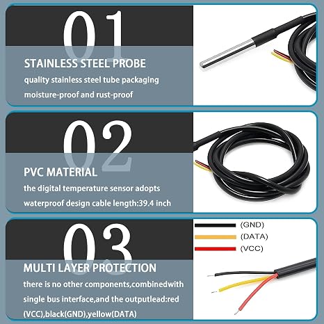 DS18B20 Temperature Sensor Module Kit with High-Accuracy Waterproof for Arduino Raspberry Pi DIY and Other Experiments