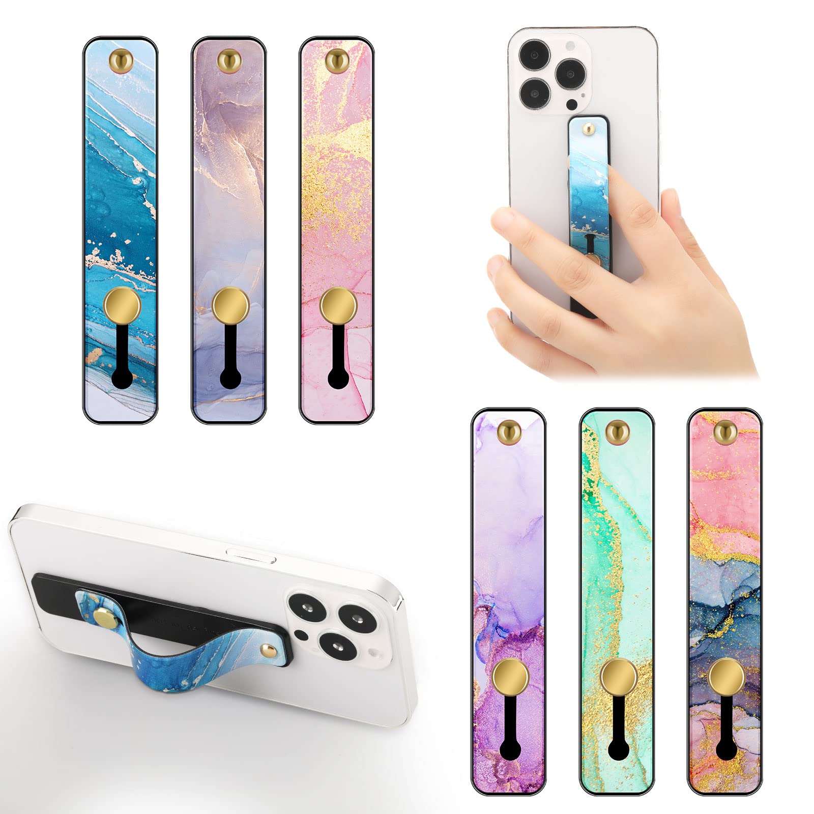Weewooday 6 Pieces Phone Grip Holder Cell Phone Grip Strap Telescopic Finger Strap Stand Universal Finger Kickstand for Most Smartphones(Bright Marble