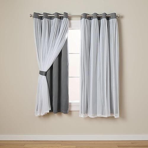 TOWN & COUNTRY LUXE Exclusive Home Catarina Layered Solid Room Darkening Blackout and Sheer Grommet Top Curtain Panel Pair, 52x63, Black Pearl 2 Count