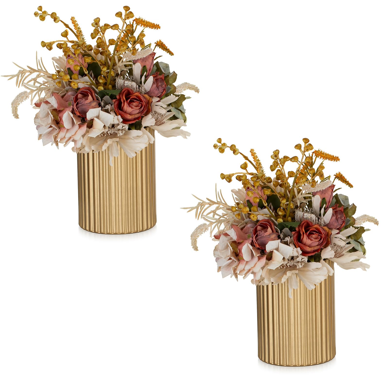NUPTIO Pequeño Florero Oro para Flores: 2 Piezas 13cm Floreros Metal Centros de Mesa de Boda Maceta Vendimia para Fiesta de Cumpleaños de Navidad Sala de Estar Decoraciones Balcón | Pequeños jarrones cilíndricos de metal, para mesa, cumpleaños, boda, deco