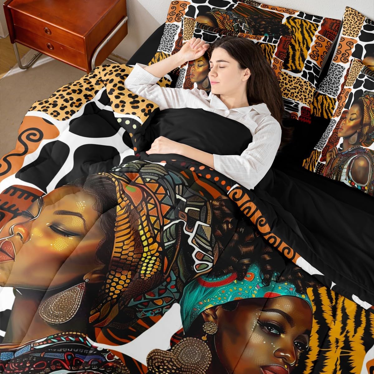 Manfei 7 Pieces African Style Comforter Set King Size, Black Cute Girls Bedding Set, Wild Animals Skin Print Bed in A Bag with Comforter, Sheets and Pillowcases, Kids Girls Women Room Decor image 3