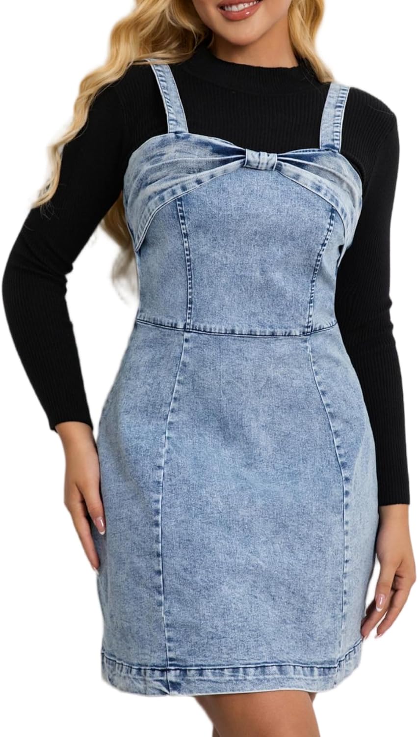 ZMTUO Women's Denim Dress Bow Front Strappy Mini Dresses