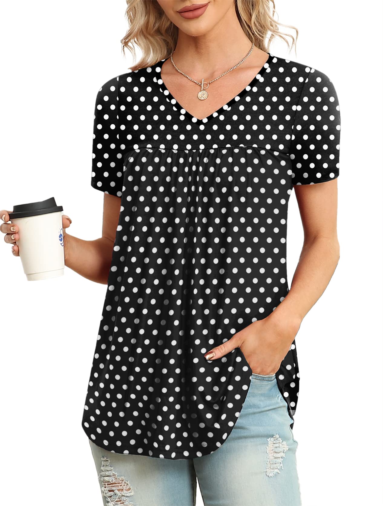 LAOLASI Womens Summer Tops V Neck Short Sleeve Casual Shirt Flowy Tunic Blouse