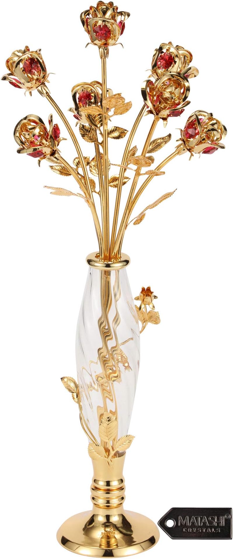 Matashi Rose Bouquet Flowers in an Vase Ornament Dipped in 24K Gold Studded with Red Crystals Gift for Girlfriend Boyfriend Husband Wife Valentine's Day Decoration Home Bedroom Decor