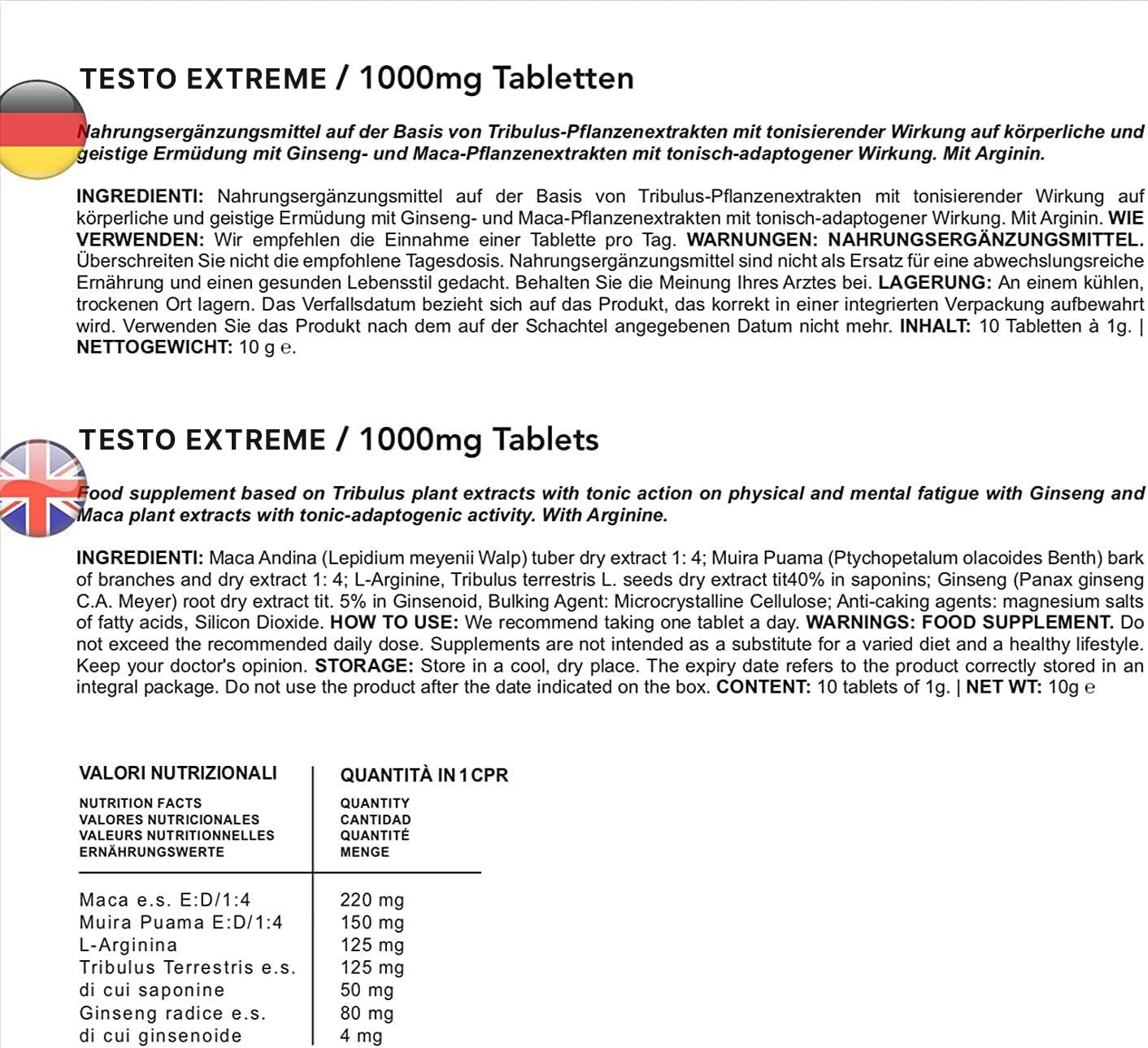 EXTREME 1000 MG | 10 Cpr. Senza Alcuna Controindicazione | Made In Italy | Energizzante Naturale con Tribulus, Maca, Muira Puama, Ginseng e L-Arginina