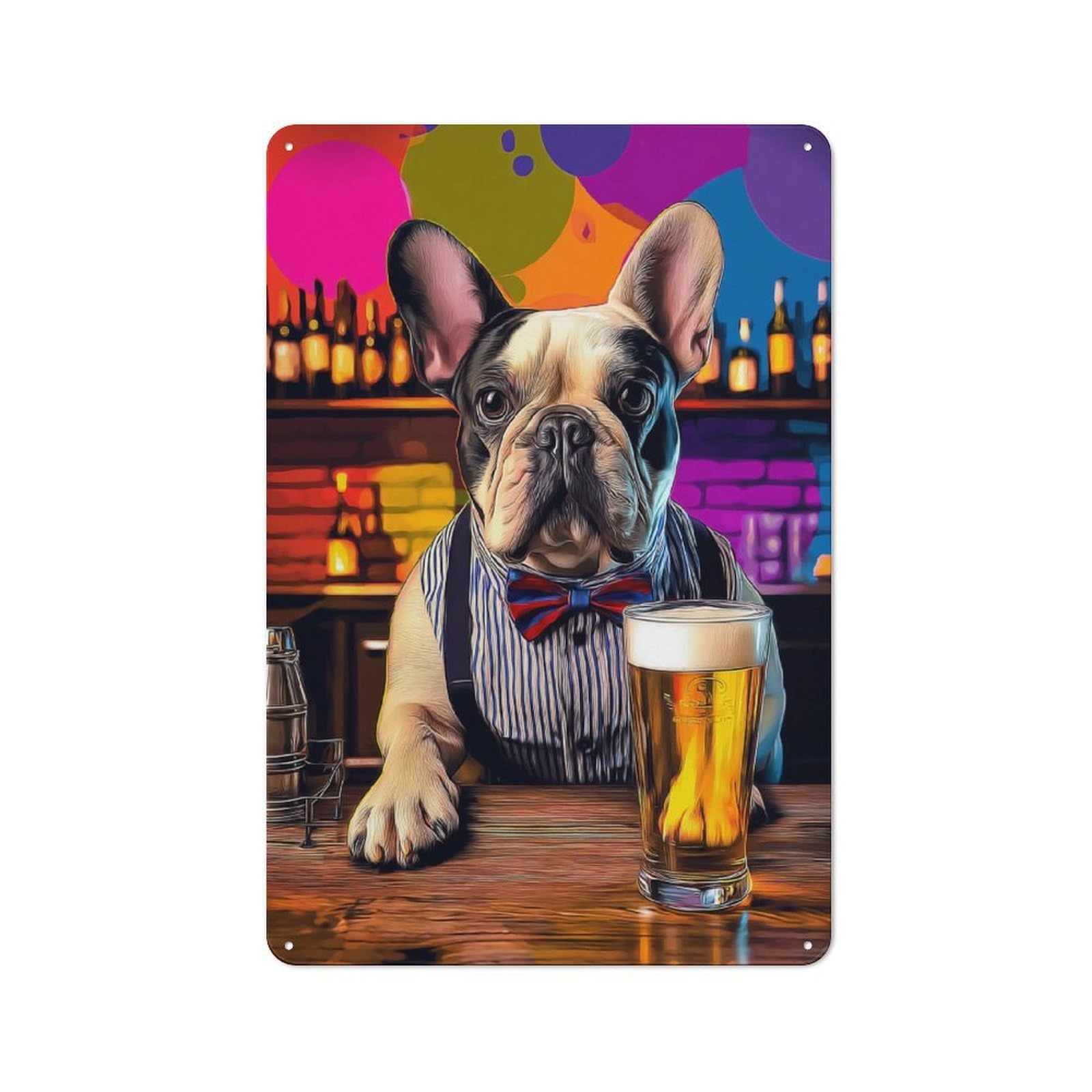Junmoney French Bulldog In Bar Attire Printed Metal Sign 30X20cm For Home Office Or Studio, For Winter Room Styling In Home Office And Studio