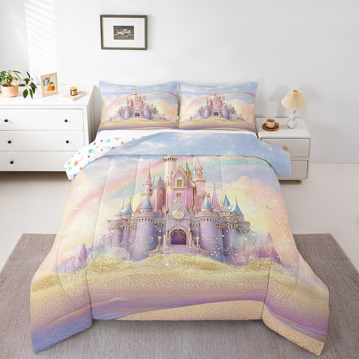 Feelyou Kids Castle Comforter Set Twin Size, Glitter Castle Bedding Set Fariy Tale Comforter for Kids Boys Girls Kawaii Duvet Insert Room Decor Bed Set 2Pcs
