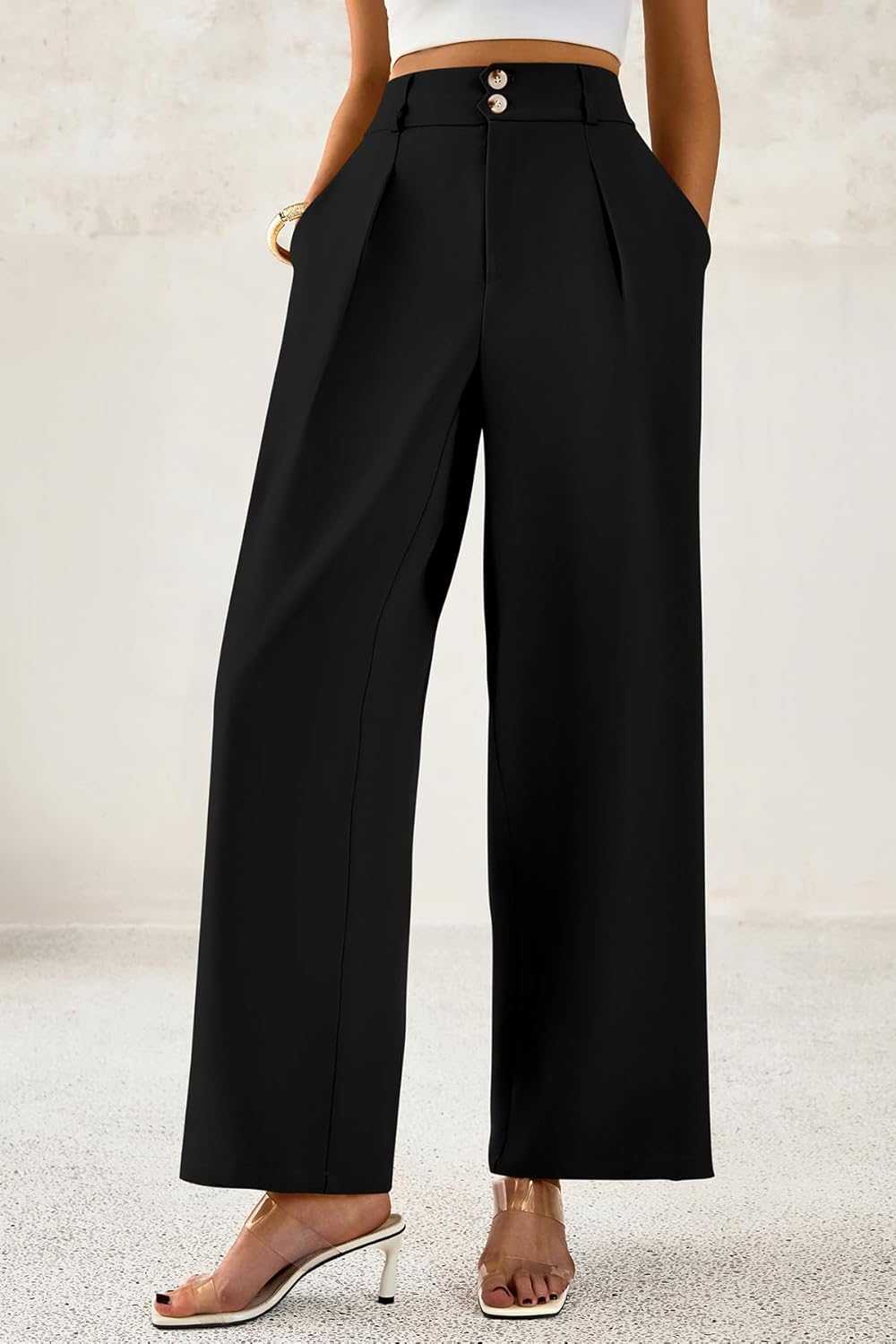 CFLONGE Women Wide Leg Dress Pants High Waist Work Trousers Button Pleated Slacks Palazzo Pants Business Casual Outfits - Image 4