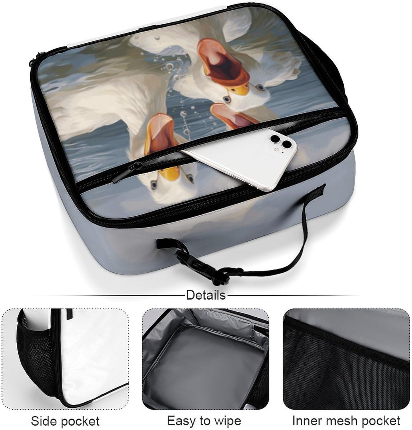 Funny Duck Reusable Lunch Box Insulated Lunch Bag Cooler Bag Lunchbox Meal Food Container Tote Bag for Women Kids Girls Boy School Camping Hiking Picnic Beach Travel