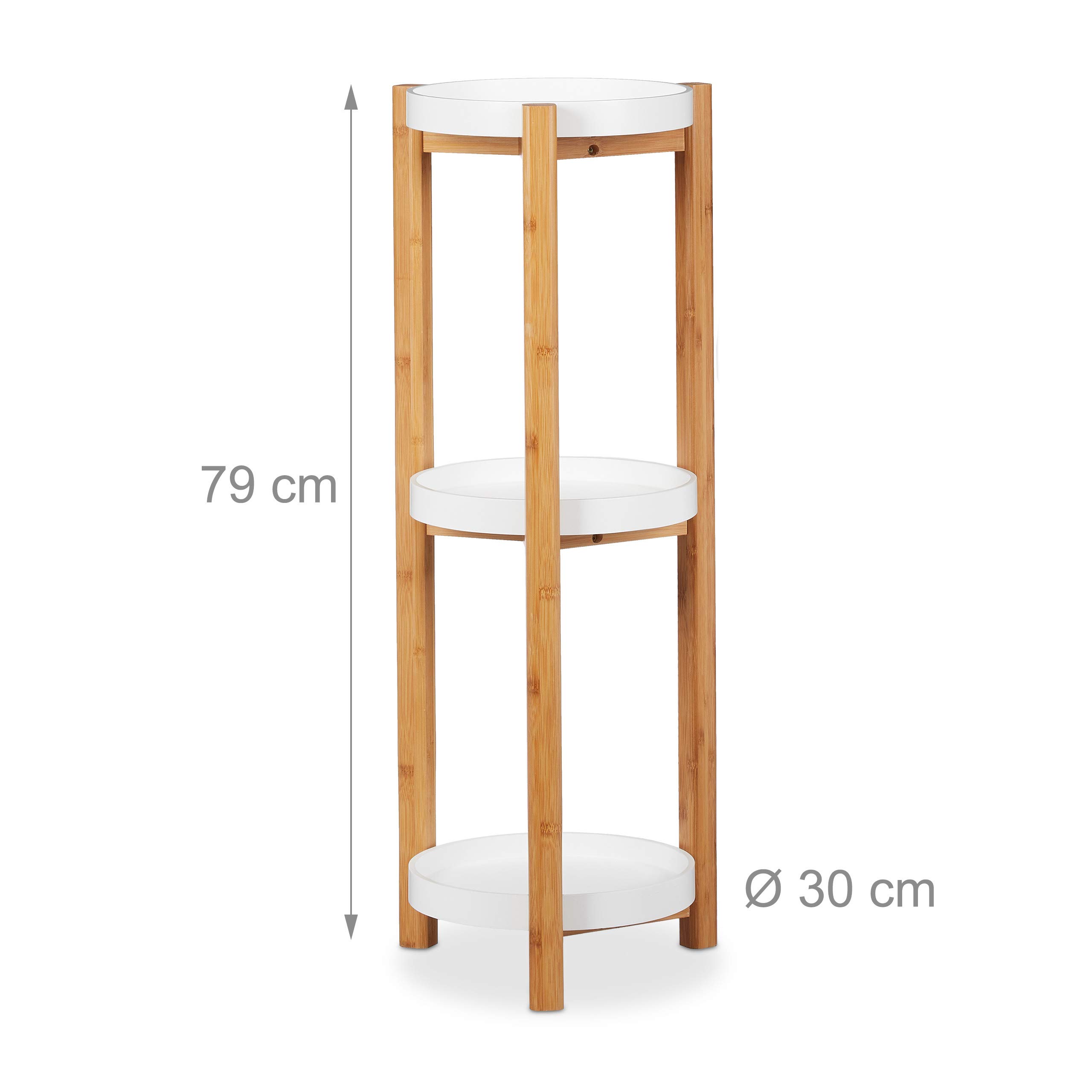 Relaxdays Etagère à Fleurs, 3 étages, Bambou et MDF, Rond, Moderne pour l’intérieur, HxL: 79 x 30 x 30 cm, Naturel/Blanc