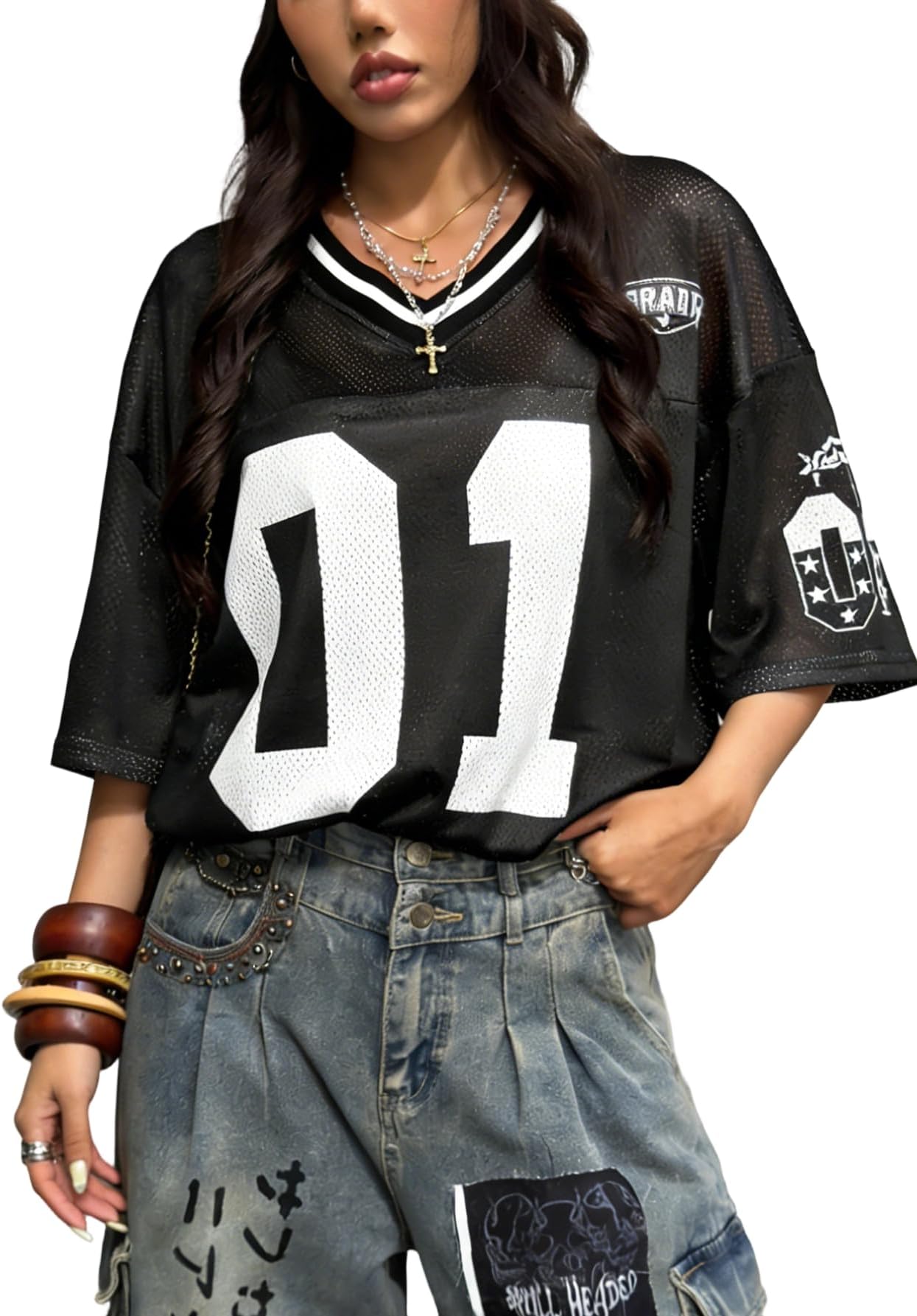 - Jersey Shirts for Women Y2k Graphic Number Oversized Tees V Neck Half Sleeve Cute Soccer Streetwear T Shirt Tops