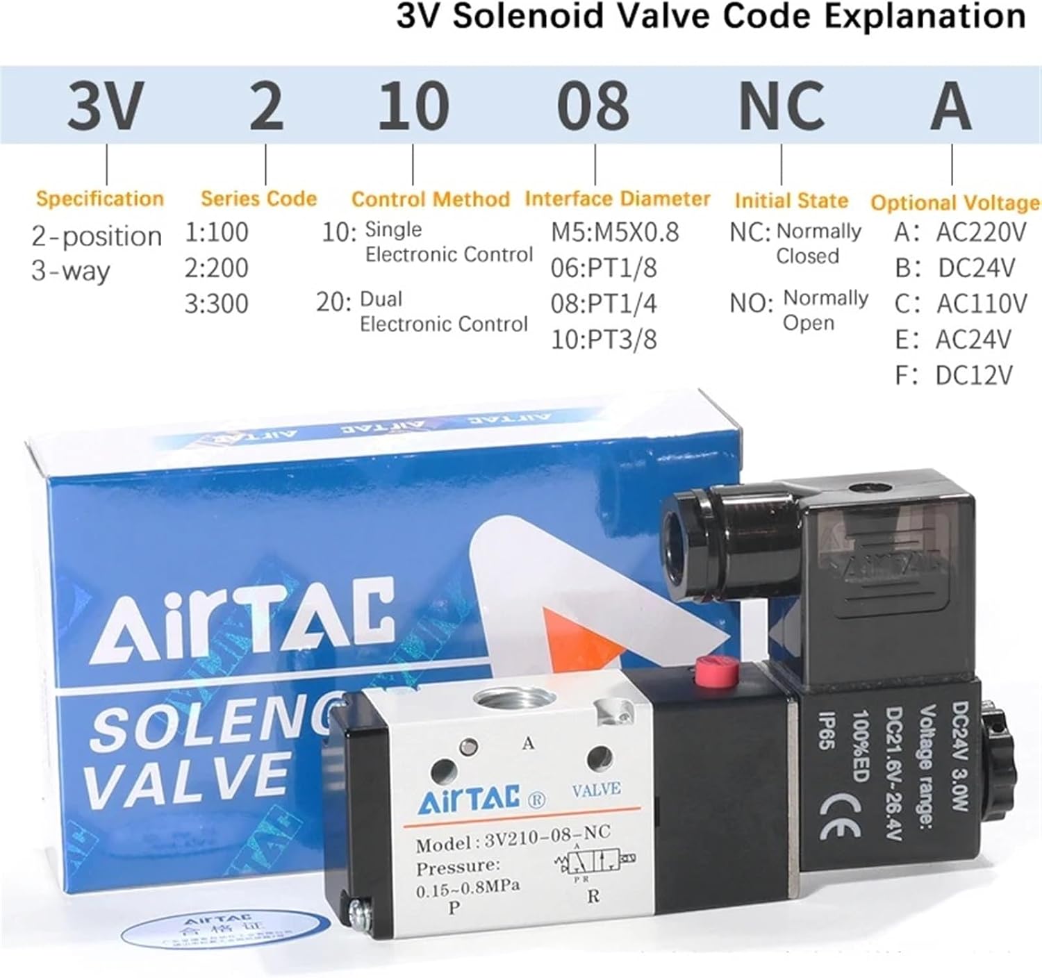 3/2 Way Pneumatic Parts 3V110-06 3V21008NCB 3V210-08 3V310-10 Solenoid Valve(3V310-08NC DC24V)