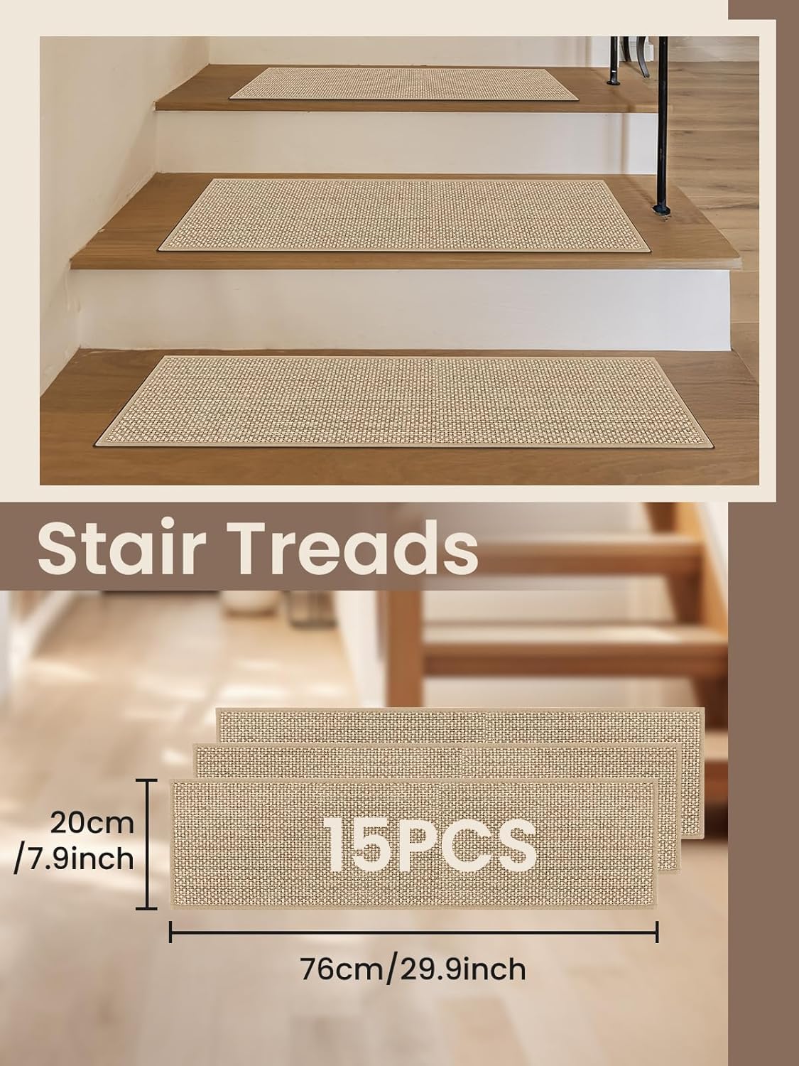 Stair Treads for Wooden Steps Indoor, Peel and Stick Stair Tread,Stair Runners, Non-Slip Carpet Stair-Treads for Kids, Elders & Pets, Machine Washable, Reusable(15PCS,30"x8",Beige)
