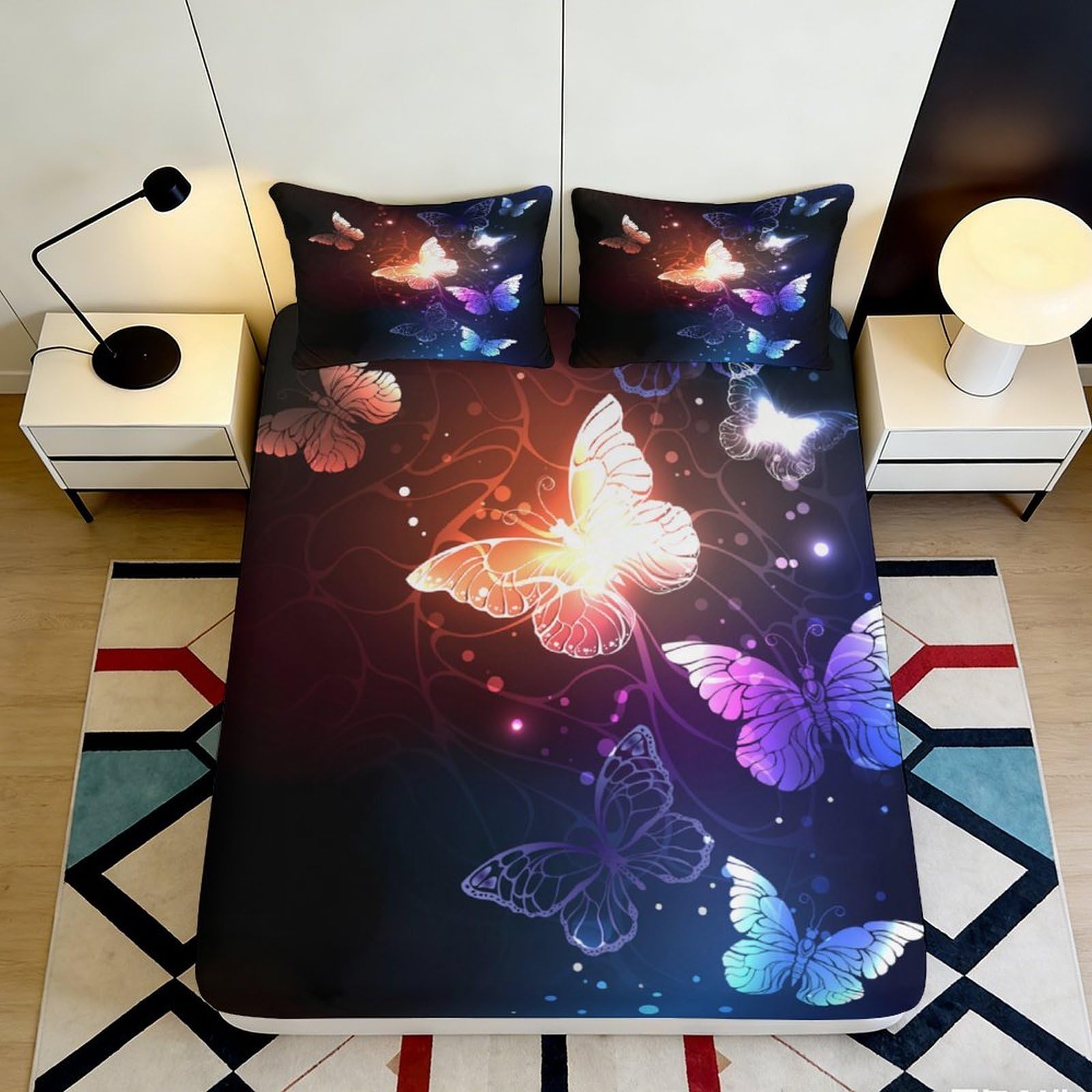 Pnayamiorkfel Style-2 3D Printed Luminous Butterfly Fitted Sheet Microfiber Soft Gradient Bed Cover For Bedroom Dorm Mattress Decor 90X200x25cm