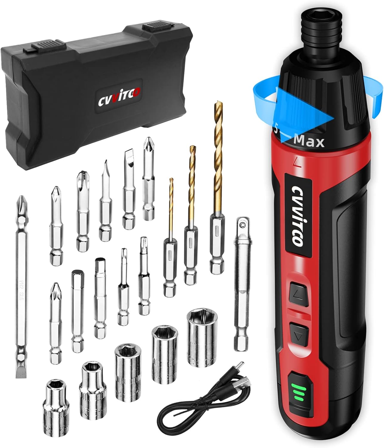 3.6V Cordless Electric Screwdriver Kit - Rechargeable Portable Screw Driver Torque 6N.m with 11pcs Bits 3pcs Twist Drill Bits 5 Sockets Flex Hex Shaft and Type C Cable (Black)