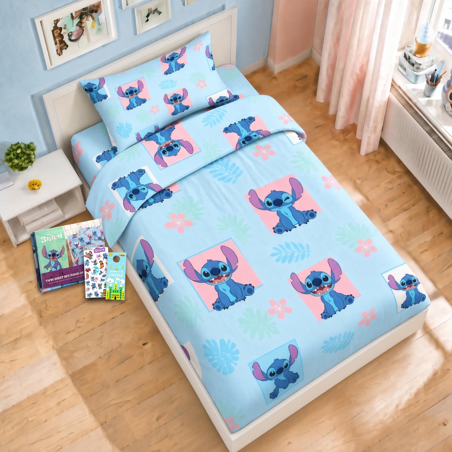 Stitch Twin Size Bedding Set for Toddlers - Lilo and Stitch Twin Bedding Bundle Includes Stitch Sheets with Flat Sheet, Fitted Sheet, and Pillowcase for Twin Bed Plus Stickers | Stitch Bedroom Decor