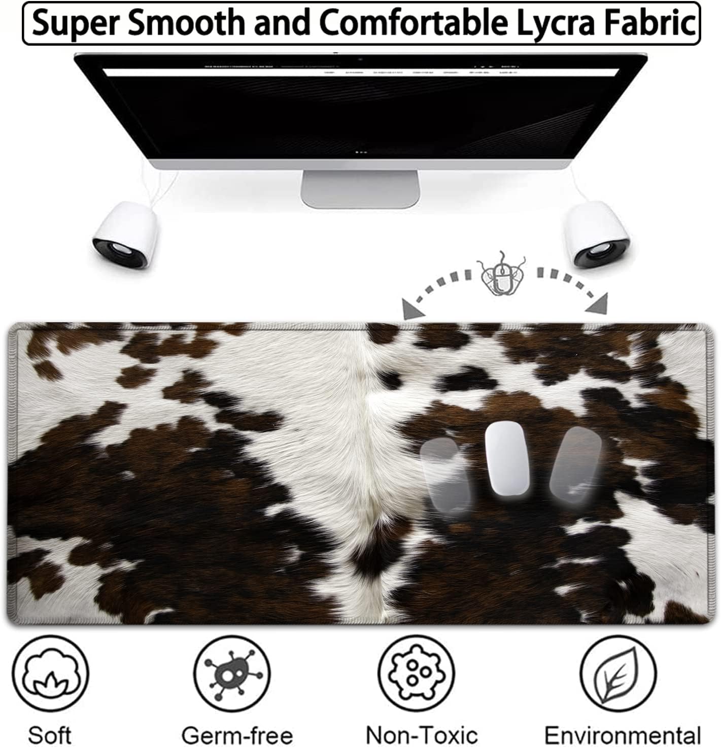 Large Gaming Mouse Pad, 31.5x11.8 in Extended Computer Mouse Mat with Non-Slip PU Base, Ergonomic Memory Foam Keyboard Wrist Rest, for Work & Gaming, Brown and White Cow Hair Office Desk Pad