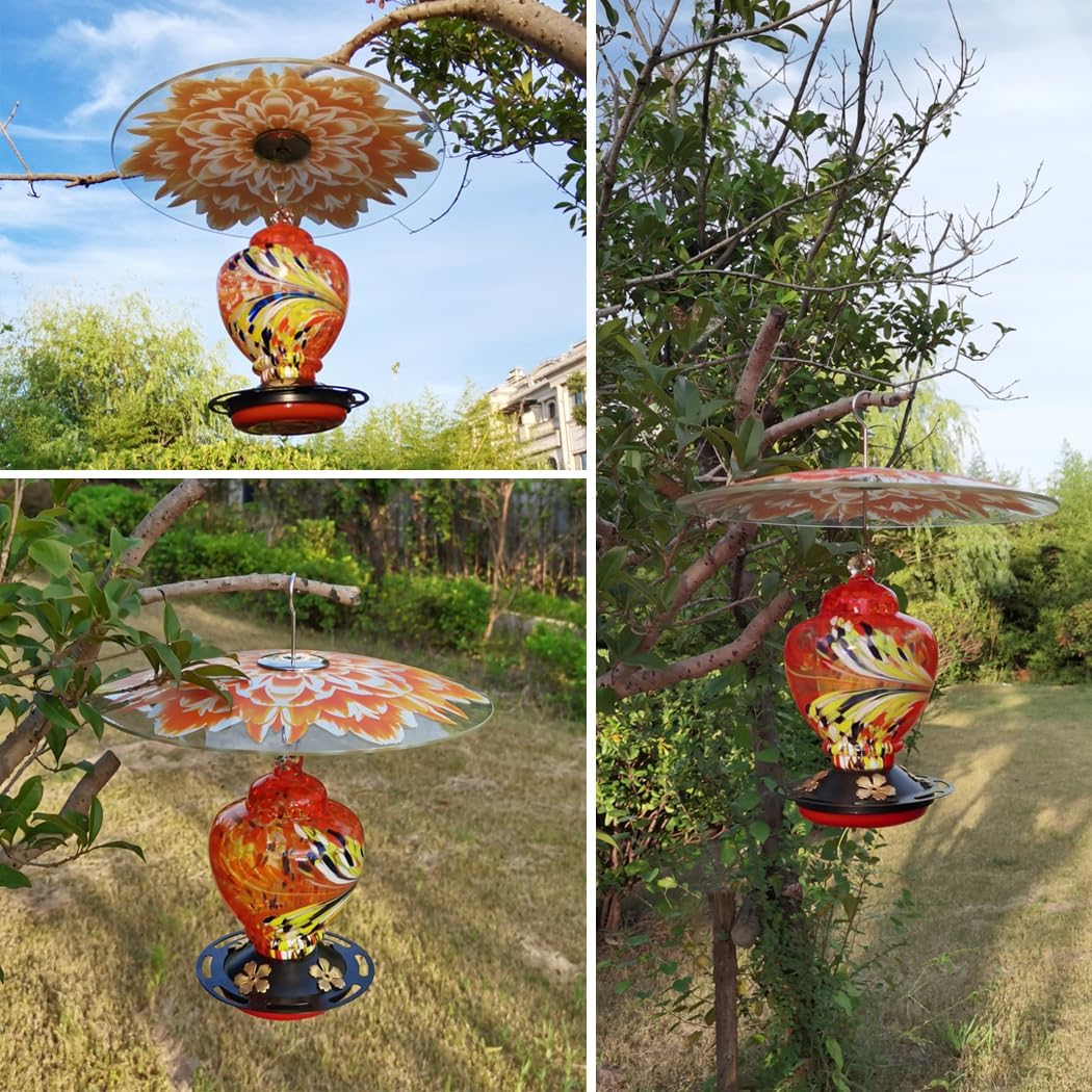 13" Glass Rain Guard for Bird Feeder Outdoors - Baffle on Shepherd Pole/Post or S Hook Hanging - Large Weather Guard Protective Dome - Dia. 33CM - Flower Daisy