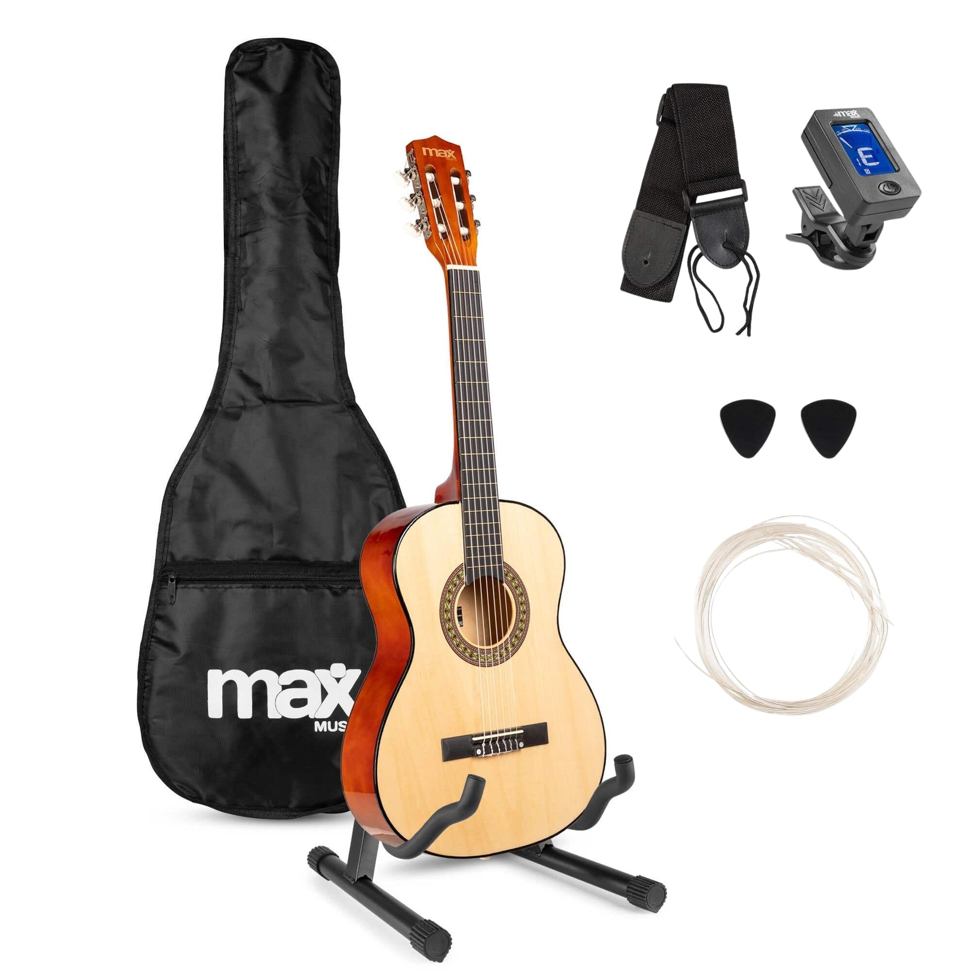MAX SoloArt - Gitarre 3/4 Kindergitarre ab 6 Jahre, Junior Akustik Gitarre inkl. Gitarrenständer, Tasche, Plektrum, Gurt und Saiten-Zubehör, 3/4 Guitar Kinder ab 6 Jahren in Holz Ahorn