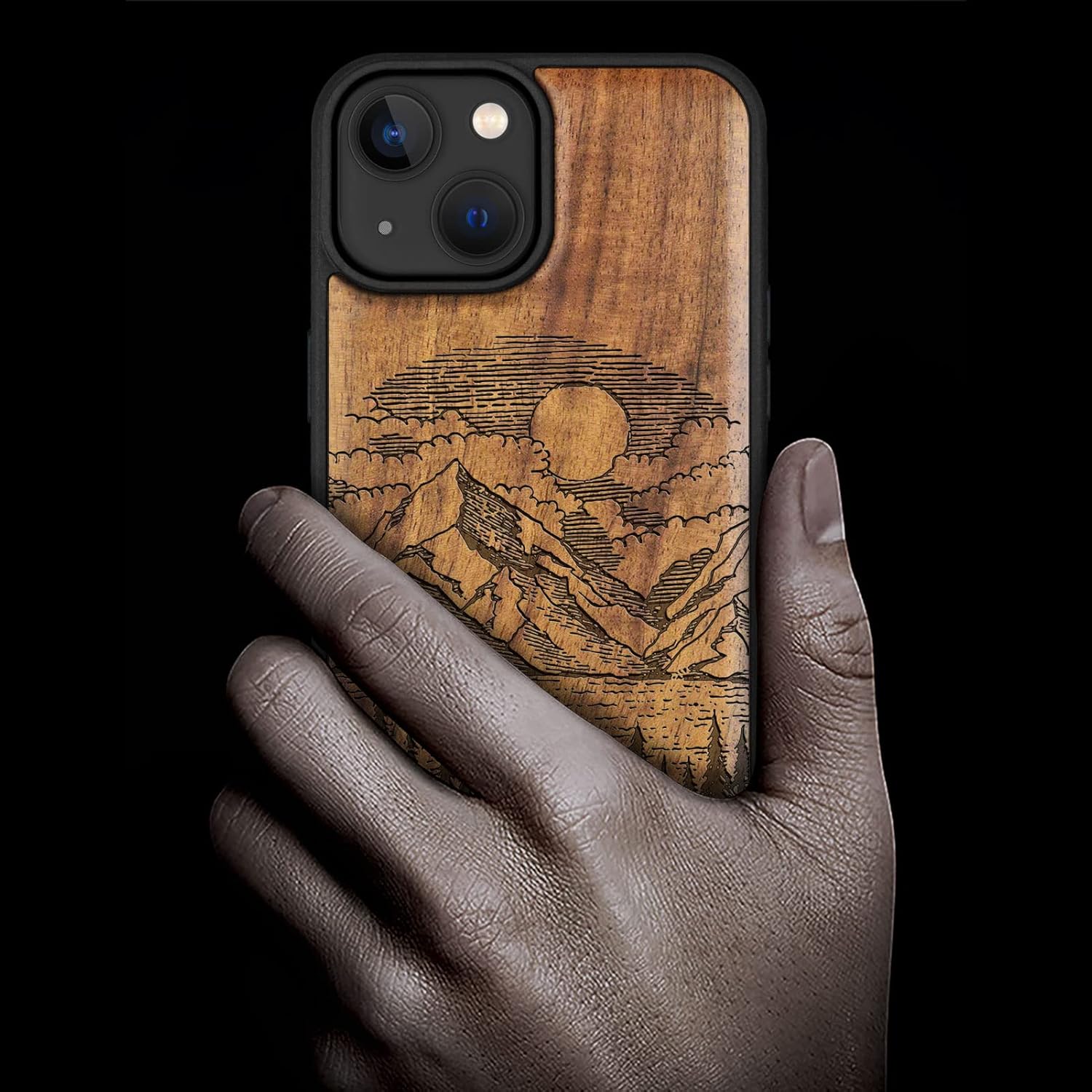 Carveit Magnetic Wood Case for iPhone 14 Case [Natural Wood & Black Soft TPU] Unique & Classy Wooden Shockproof Protective Cover Compatible with magsafe (Alpine Lake -Walnut)
