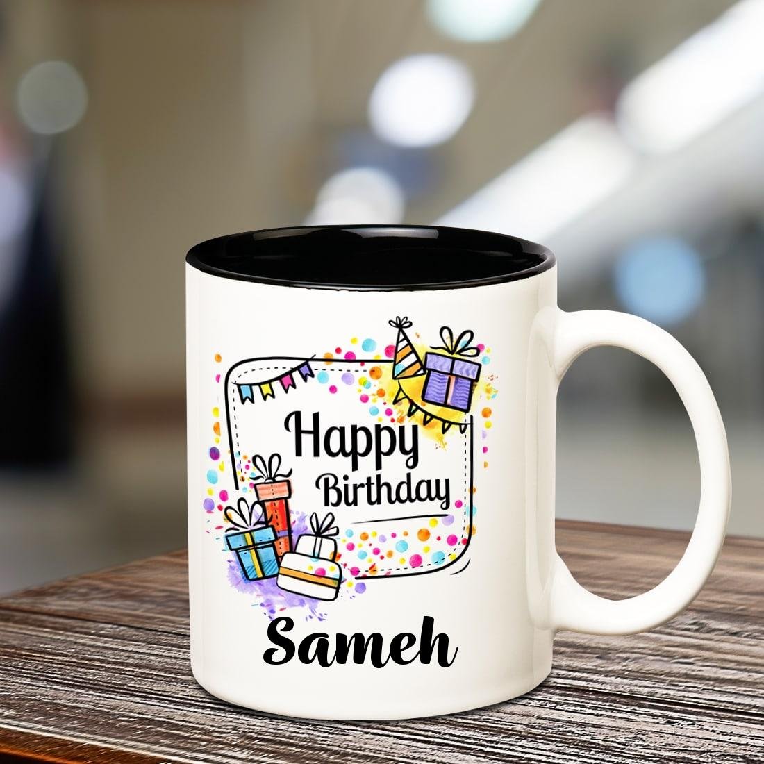 Huppme Happy Birthday Sameh Inner Black Ceramic Coffee Mug, 350 Ml, 1-Piece, Multi-Color