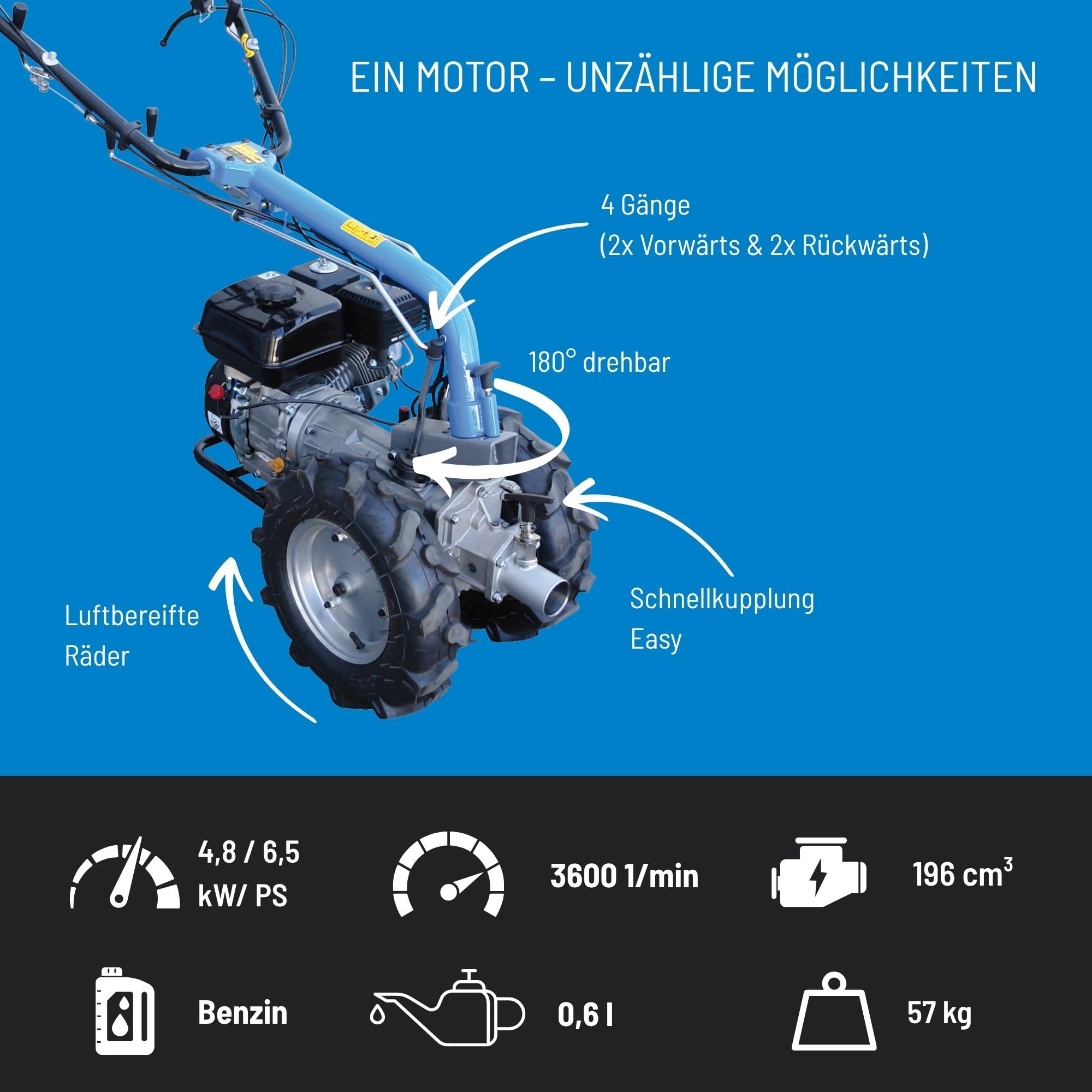 Güde 95187 Motoreinachser GME 6.5 V (4-Takt Güde Power-Engine Motor, 4 Gänge, Zapfwellenbetrieb der Anbaugeräte)