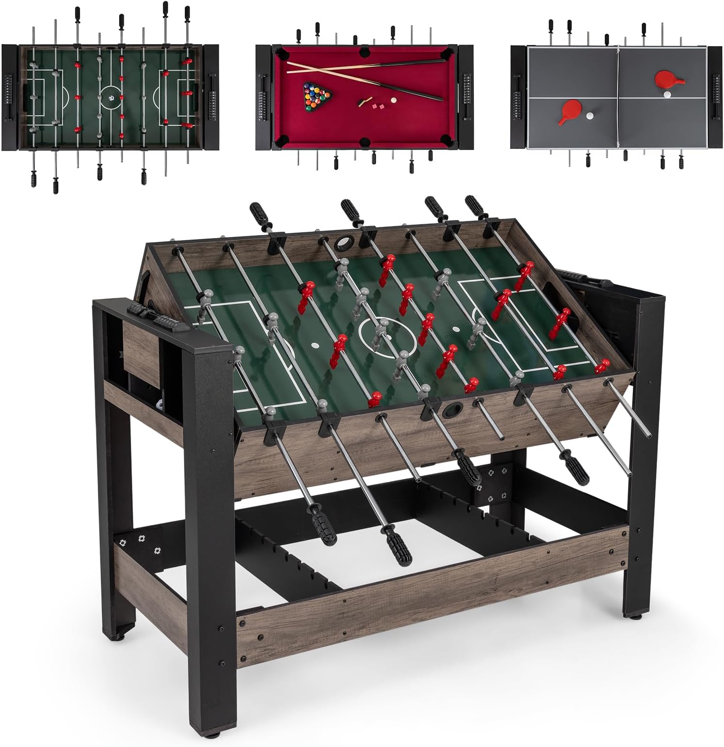 – COSTWAY 3-in-1 Multi Game Table, 124CM Reversible Combo Game Table with Foosball, Pool Billiards & Ping Pong Top, Indoor Arcade Game Tables for Home, Party, Gathering