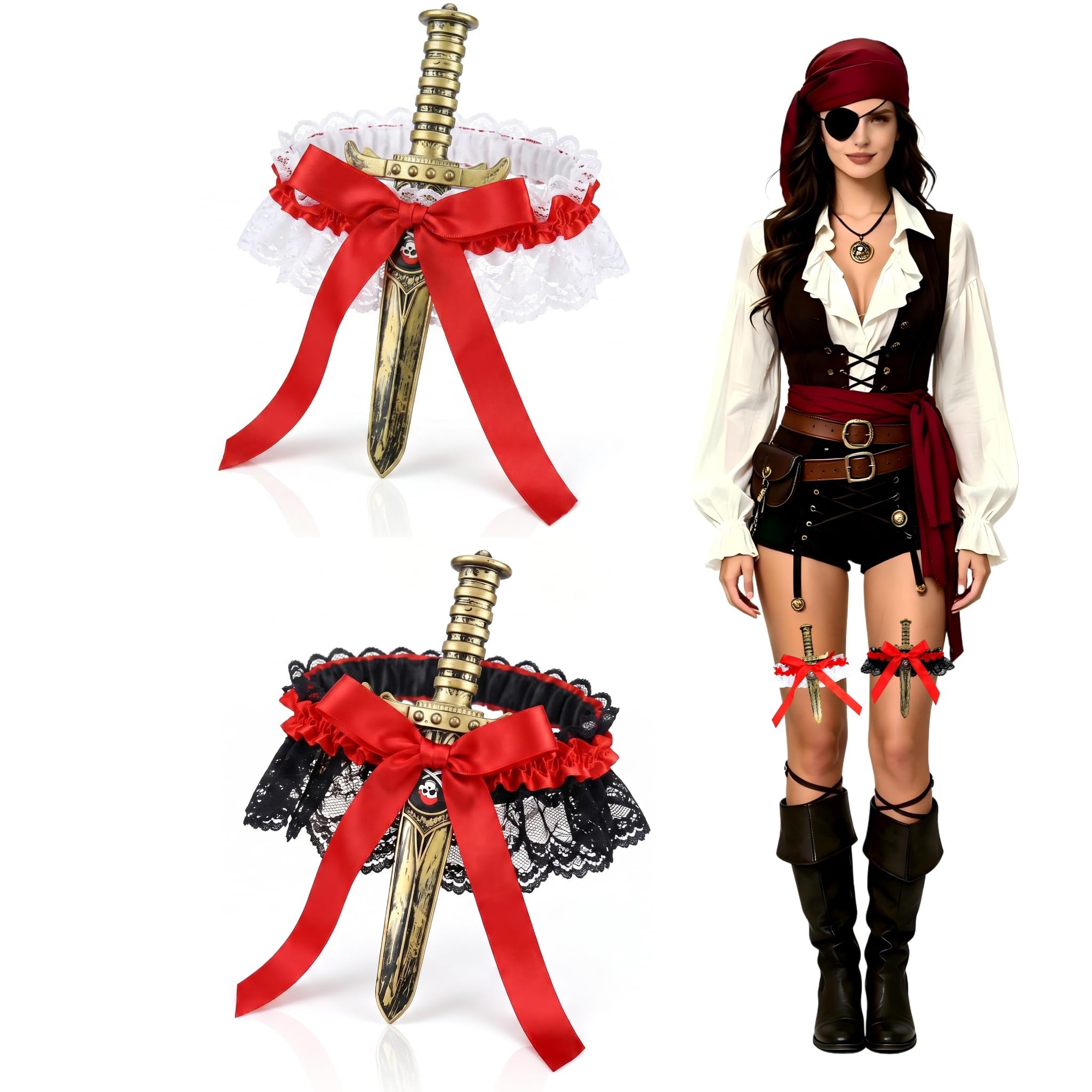 ZJEEACO Pirate Costume Women, 2 Pack Black White Lace Thigh Garter, Fake Plastic Toy Sword, Red Bow Decor, Sexy Adult Outfit Accessory, Halloween Carnival Cosplay, Stage Party Fancy Dress Props